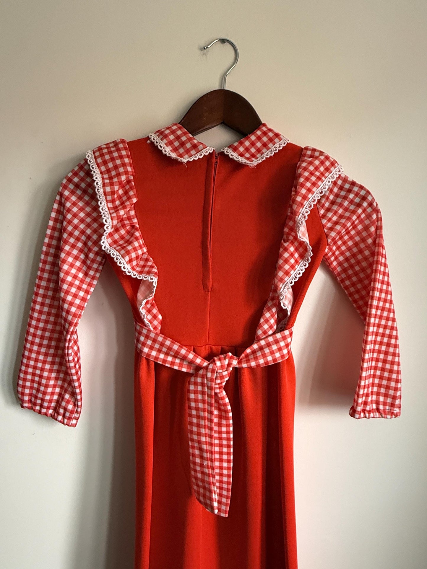 Vintage 1970s Girls Red Gingham Prairie Maxi Dress | Ruffle Children's Folk Dress - St Bernard Made in England Age 8