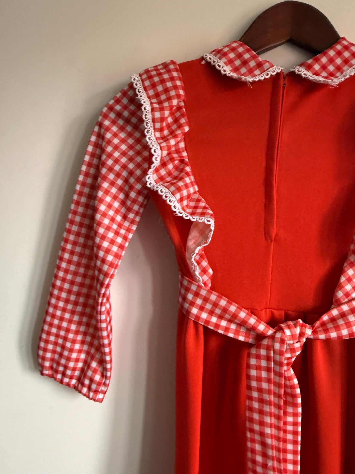 Vintage 1970s Girls Red Gingham Prairie Maxi Dress | Ruffle Children's Folk Dress - St Bernard Made in England Age 8