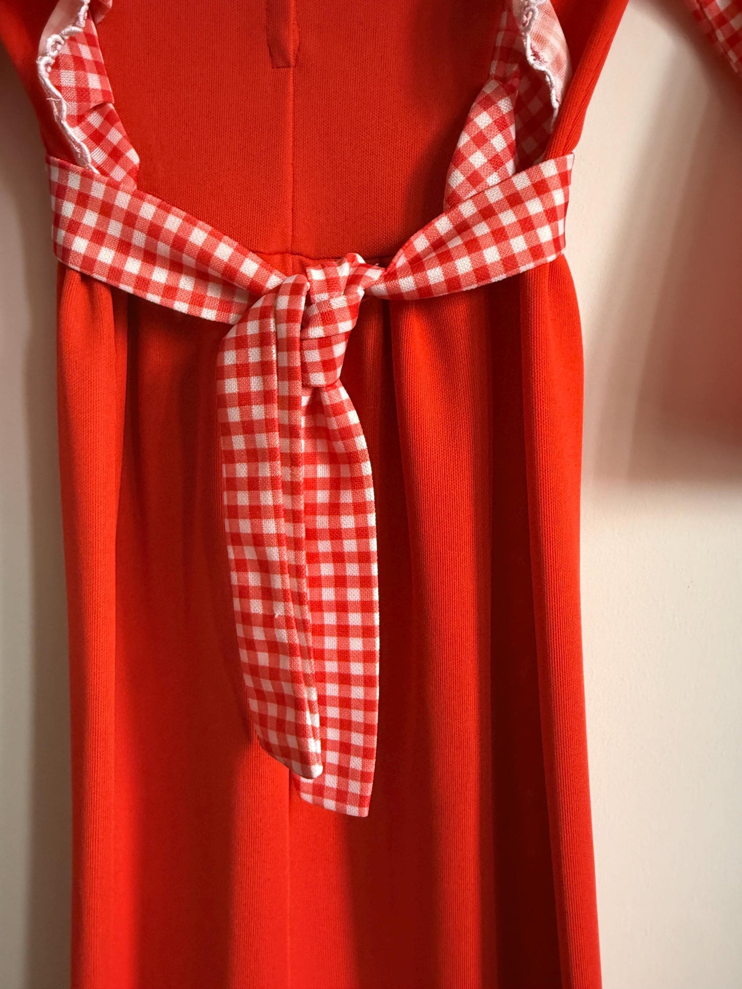 Vintage 1970s Girls Red Gingham Prairie Maxi Dress | Ruffle Children's Folk Dress - St Bernard Made in England Age 8