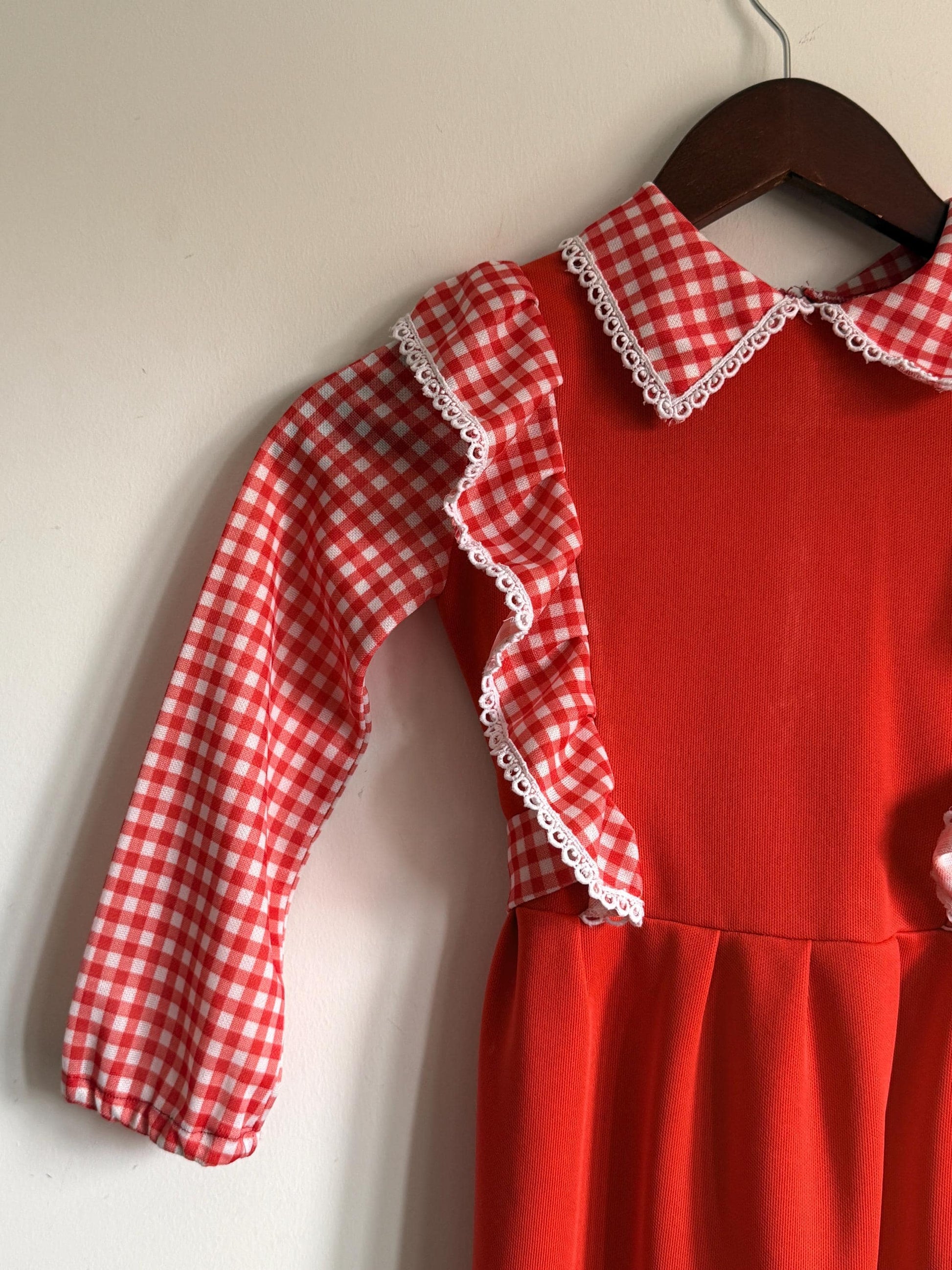 Vintage 1970s Girls Red Gingham Prairie Maxi Dress | Ruffle Children's Folk Dress - St Bernard Made in England Age 8