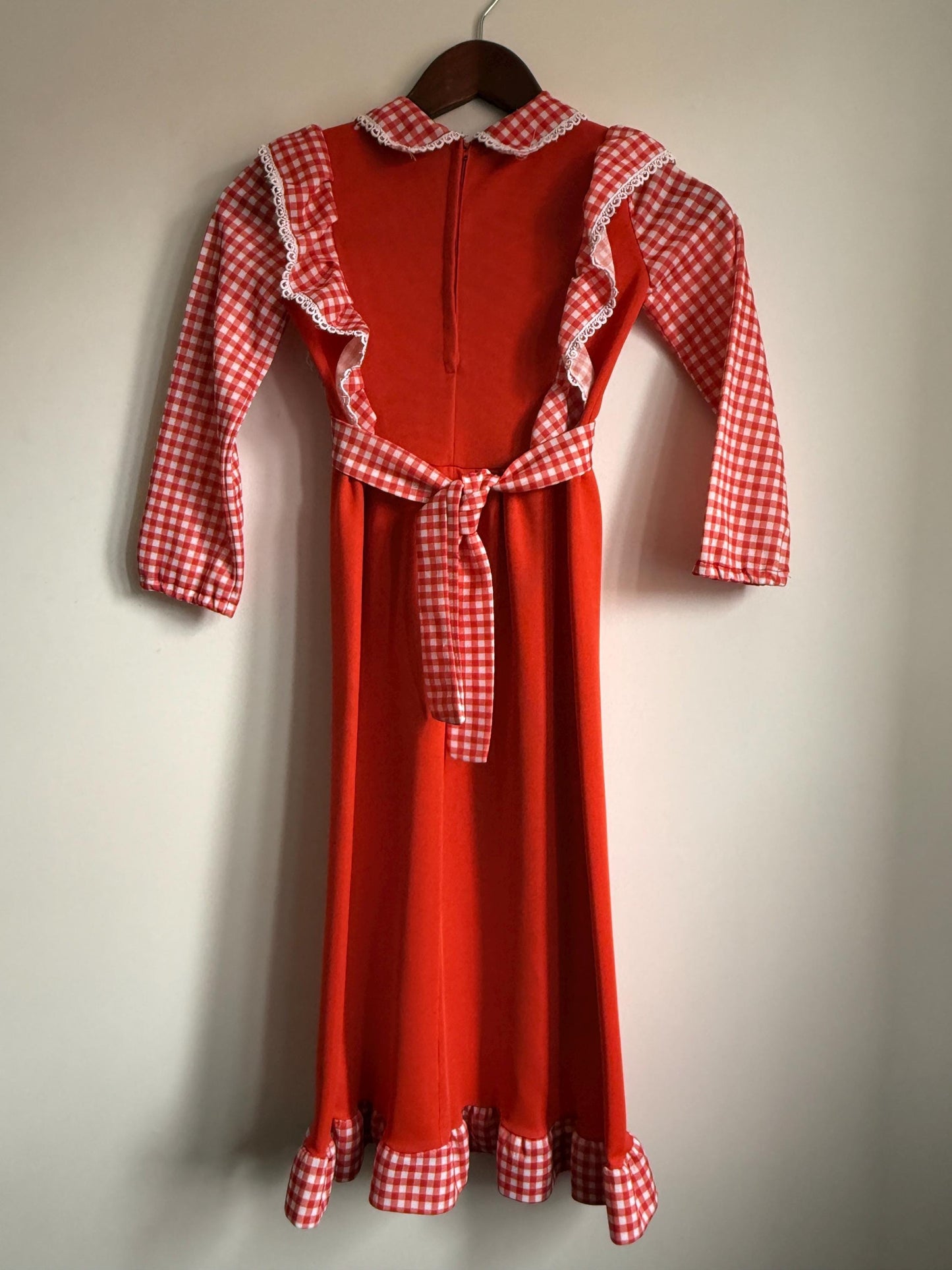 Vintage 1970s Girls Red Gingham Prairie Maxi Dress | Ruffle Children's Folk Dress - St Bernard Made in England Age 8