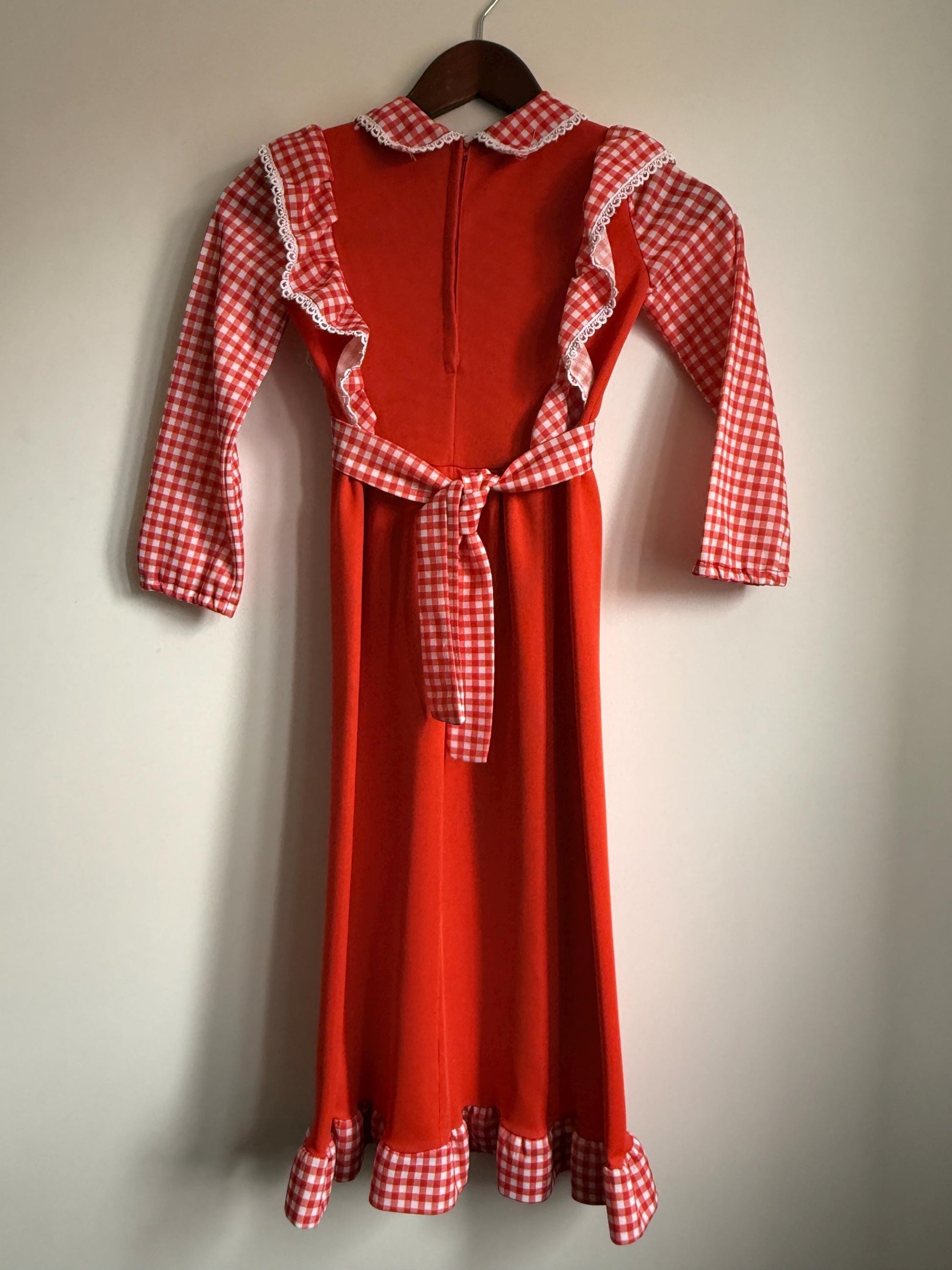 Vintage 1970s Girls Red Gingham Prairie Maxi Dress | Ruffle Children's Folk Dress - St Bernard Made in England Age 8