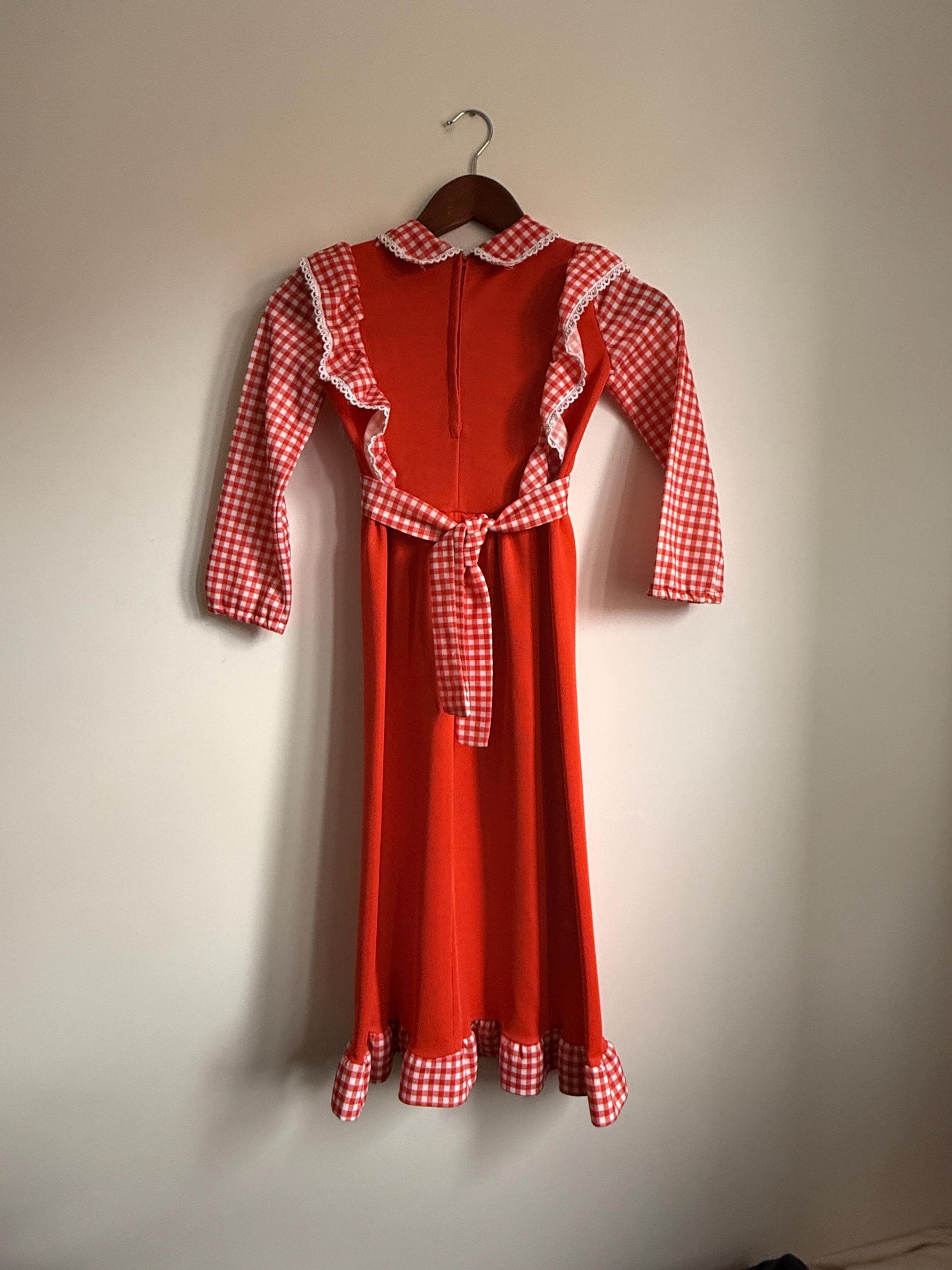 Vintage 1970s Girls Red Gingham Prairie Maxi Dress | Ruffle Children's Folk Dress - St Bernard Made in England Age 8