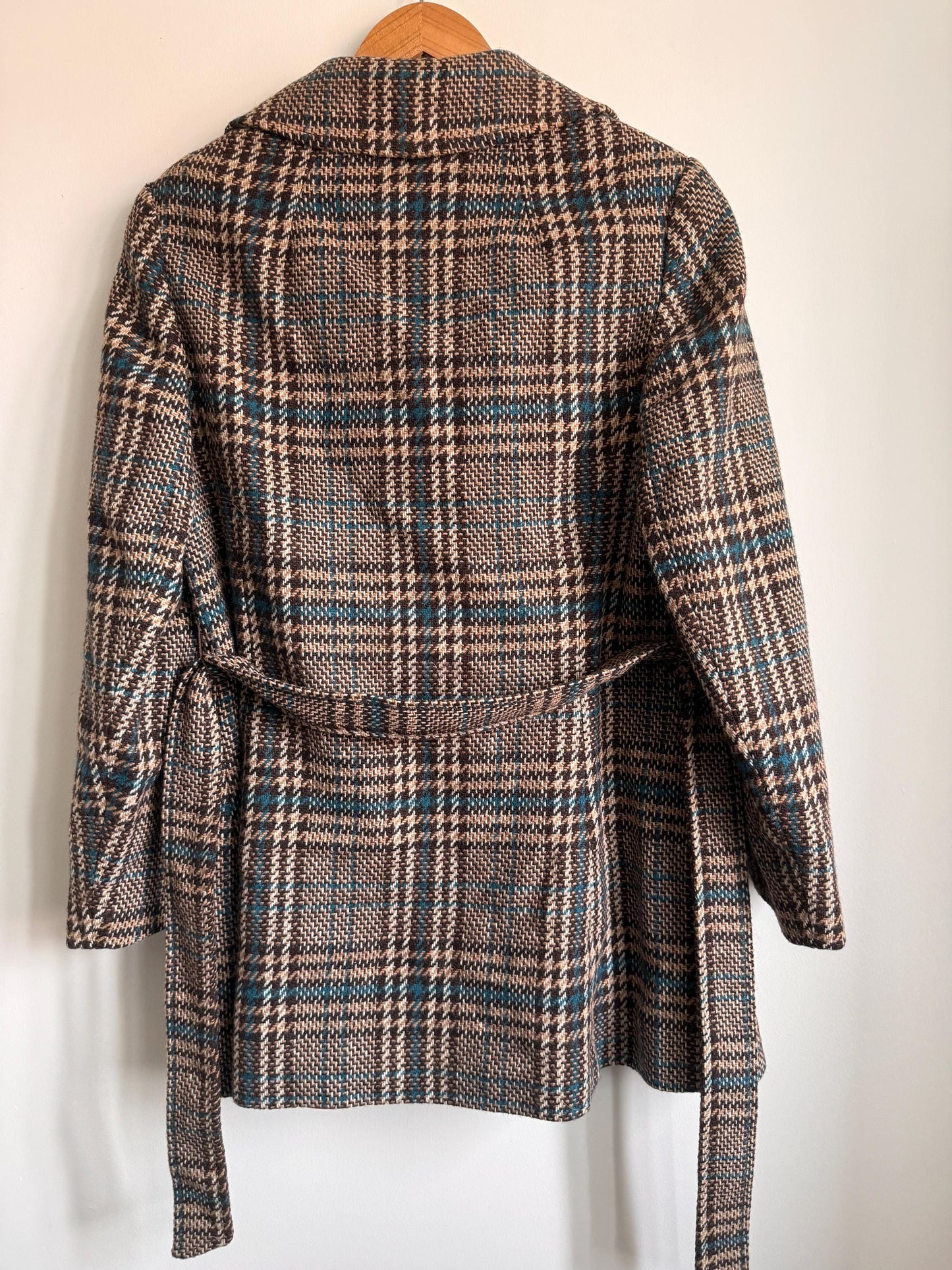 Vintage 1970s Harella Plaid Jacket UK 10-12 | Brown & Teal Belted Wool Blend Jacket | Mod Check Coat Made in England