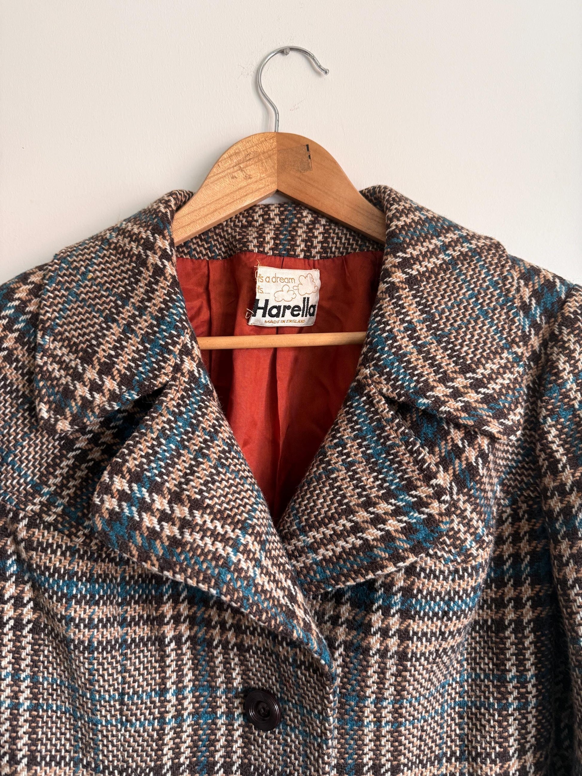 Vintage 1970s Harella Plaid Jacket UK 10-12 | Brown & Teal Belted Wool Blend Jacket | Mod Check Coat Made in England