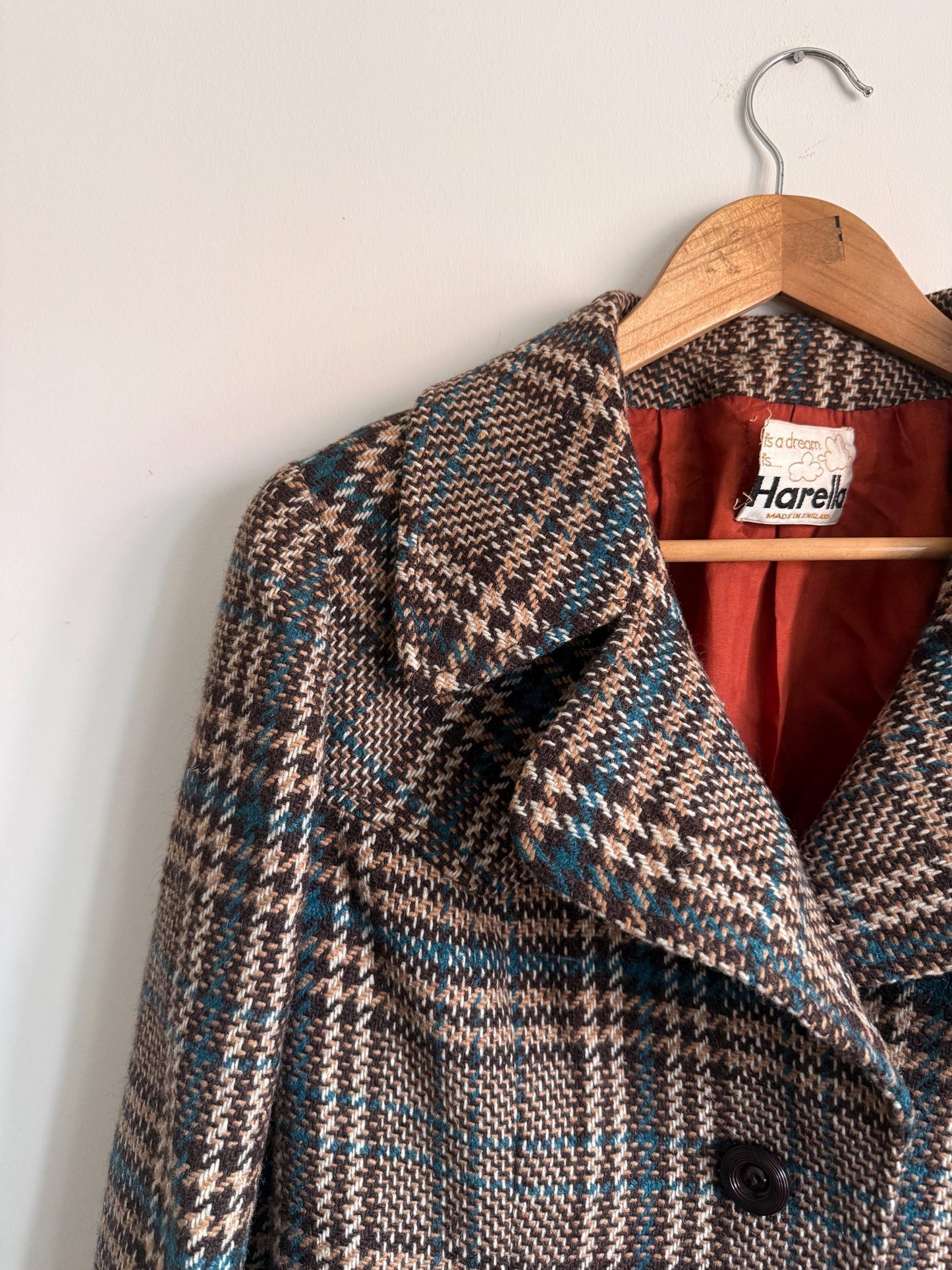 Vintage 1970s Harella Plaid Jacket UK 10-12 | Brown & Teal Belted Wool Blend Jacket | Mod Check Coat Made in England