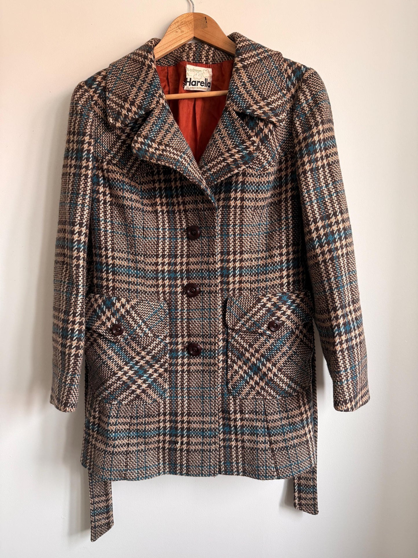 Vintage 1970s Harella Plaid Jacket UK 10-12 | Brown & Teal Belted Wool Blend Jacket | Mod Check Coat Made in England
