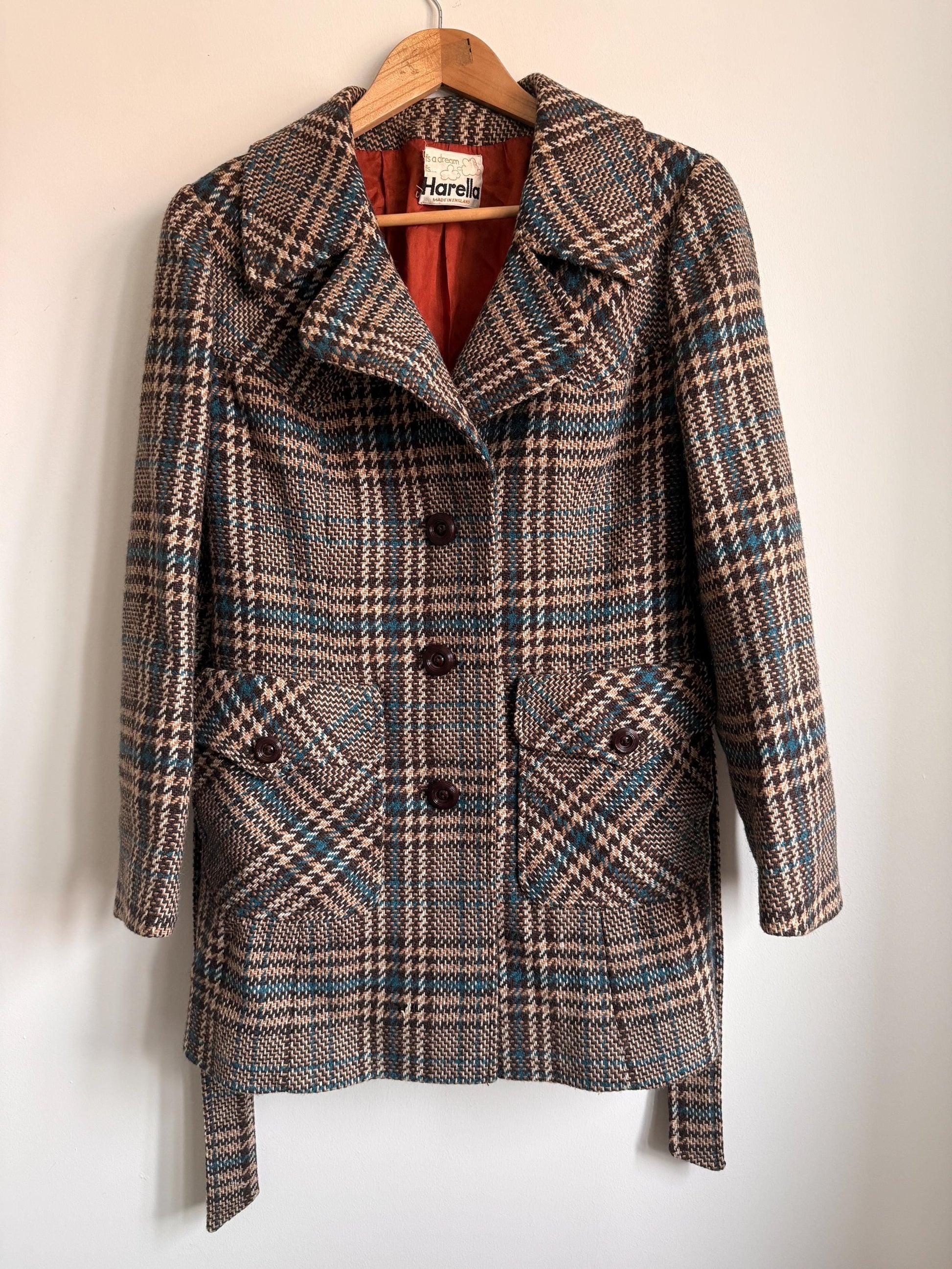 Vintage 1970s Harella Plaid Jacket UK 10-12 | Brown & Teal Belted Wool Blend Jacket | Mod Check Coat Made in England