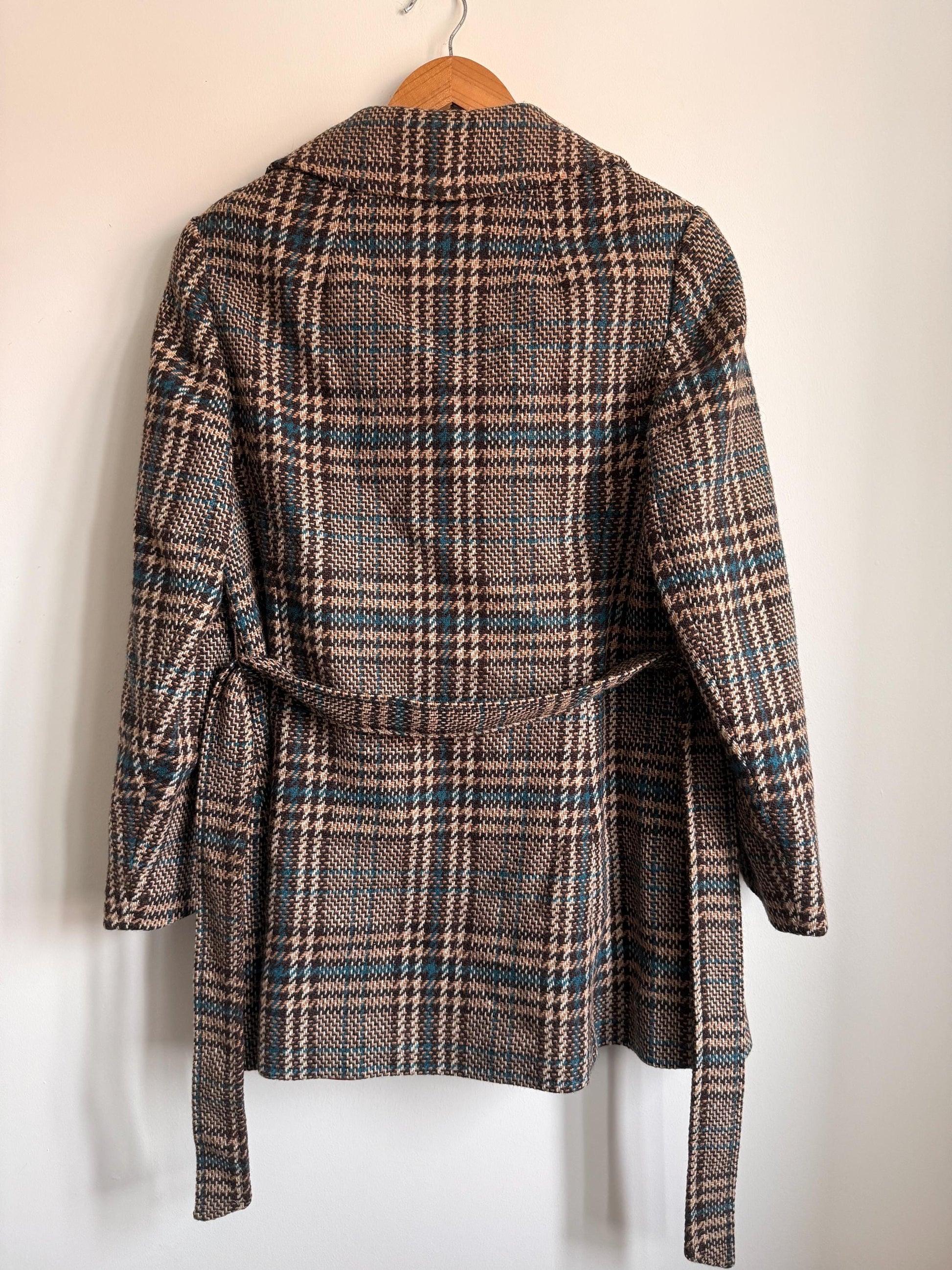 Vintage 1970s Harella Plaid Jacket UK 10-12 | Brown & Teal Belted Wool Blend Jacket | Mod Check Coat Made in England