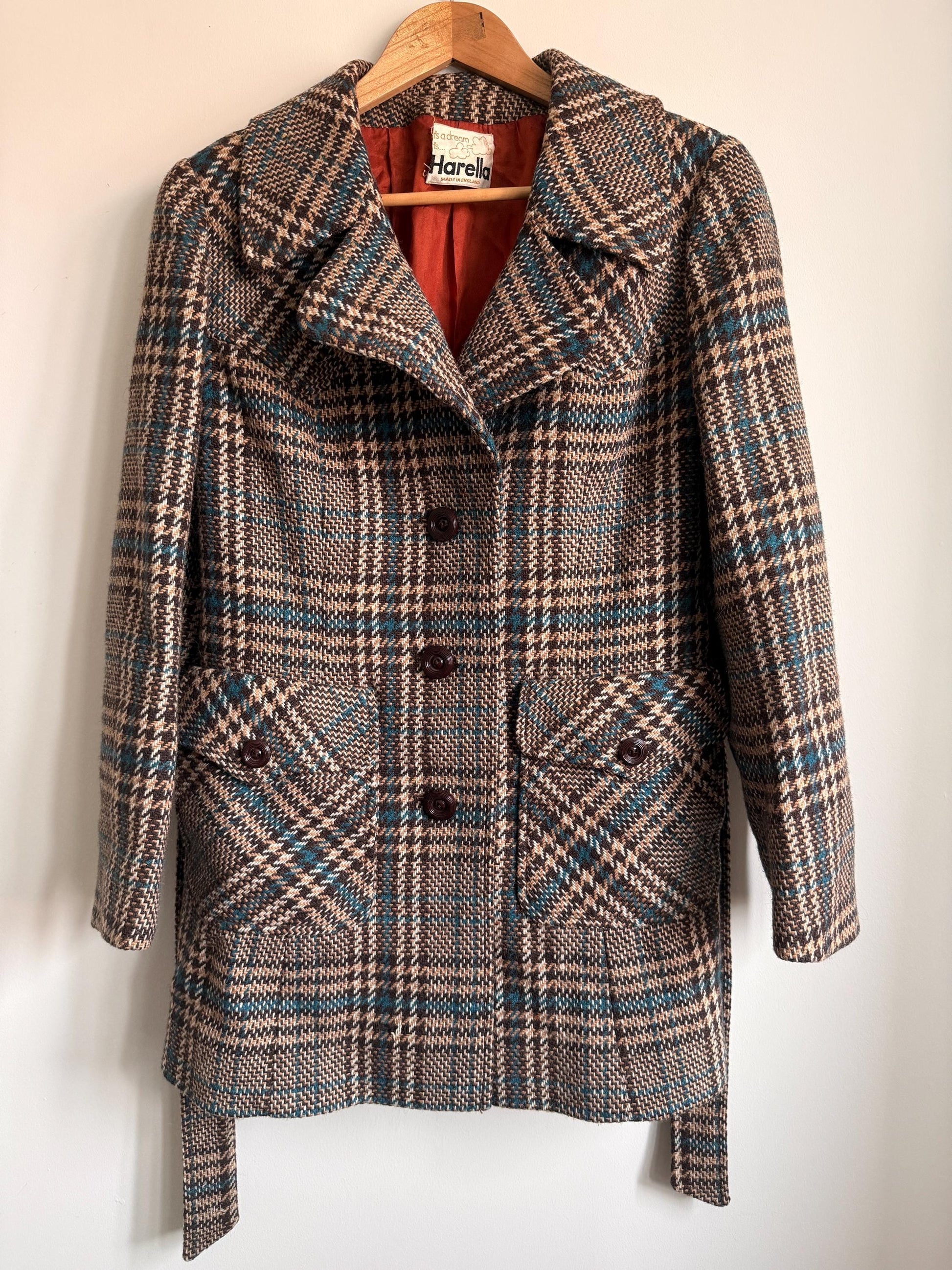 Vintage 1970s Harella Plaid Jacket UK 10-12 | Brown & Teal Belted Wool Blend Jacket | Mod Check Coat Made in England