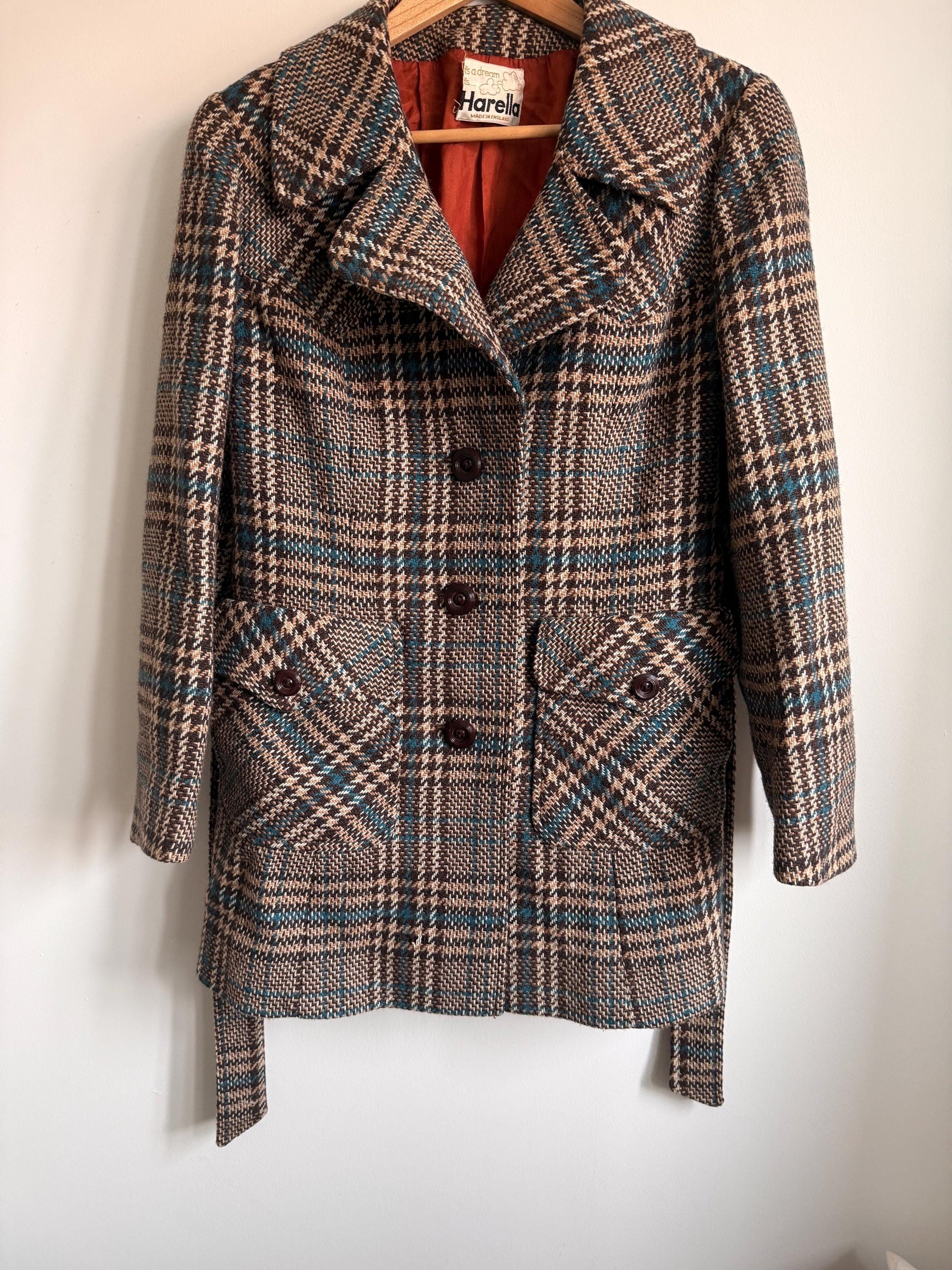 Vintage 1970s Harella Plaid Jacket UK 10-12 | Brown & Teal Belted Wool Blend Jacket | Mod Check Coat Made in England