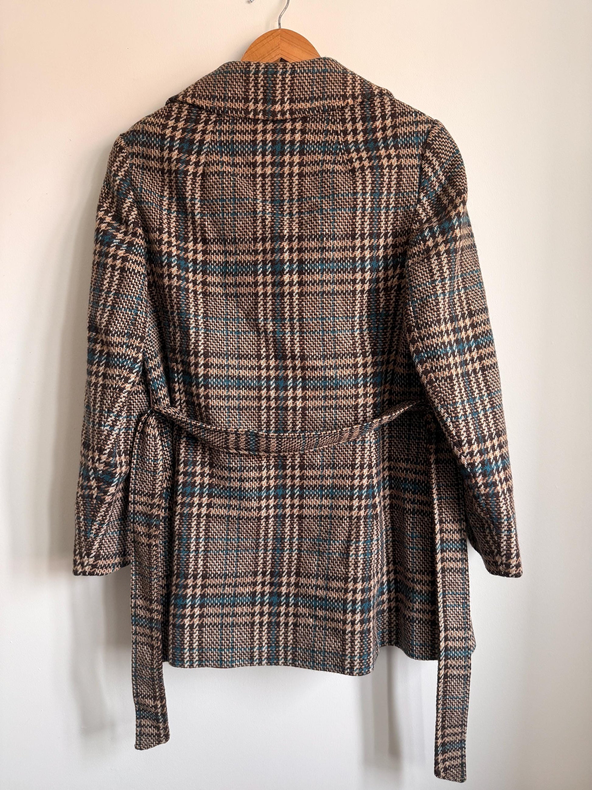 Vintage 1970s Harella Plaid Jacket UK 10-12 | Brown & Teal Belted Wool Blend Jacket | Mod Check Coat Made in England