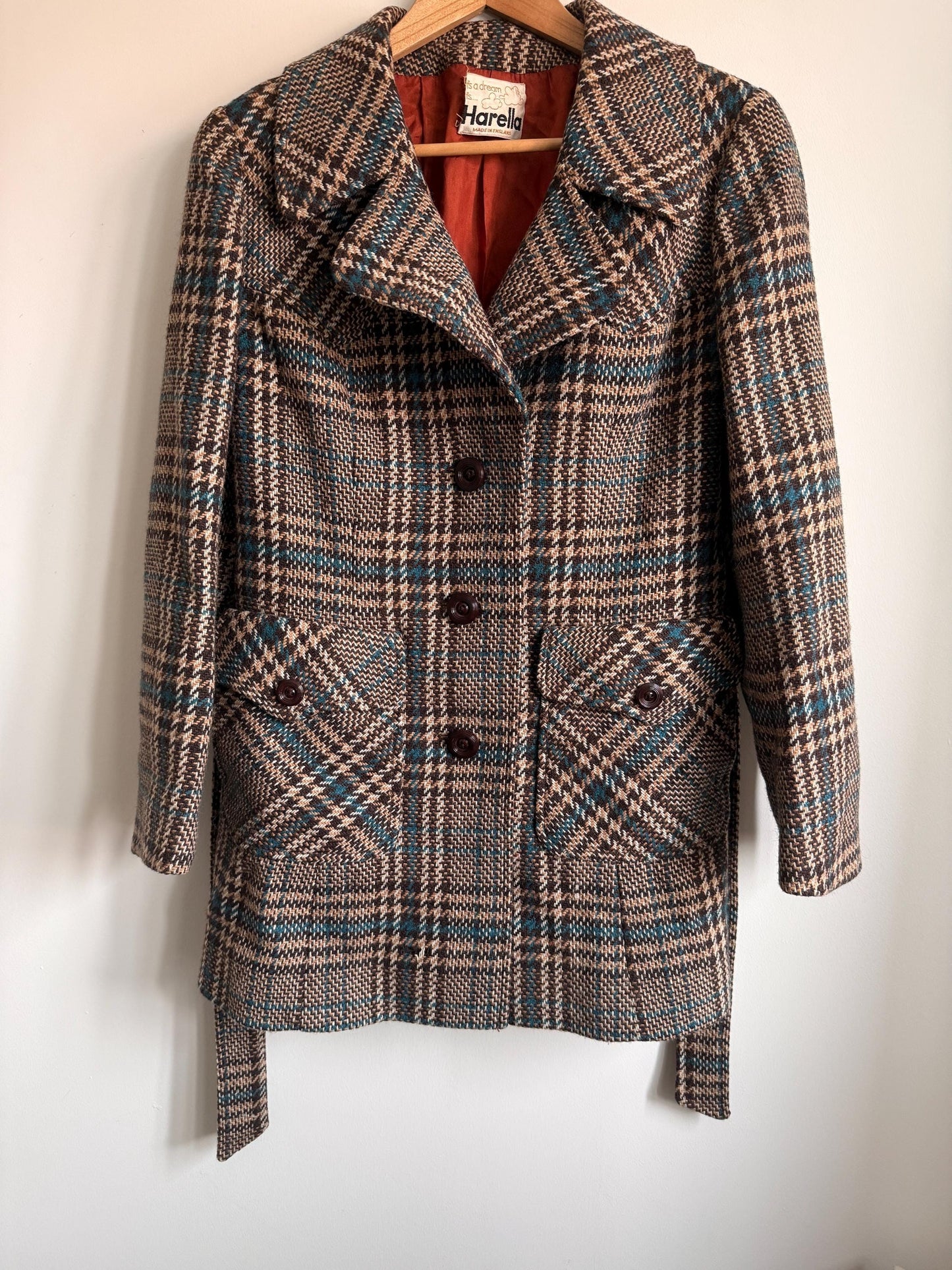 Vintage 1970s Harella Plaid Jacket UK 10-12 | Brown & Teal Belted Wool Blend Jacket | Mod Check Coat Made in England