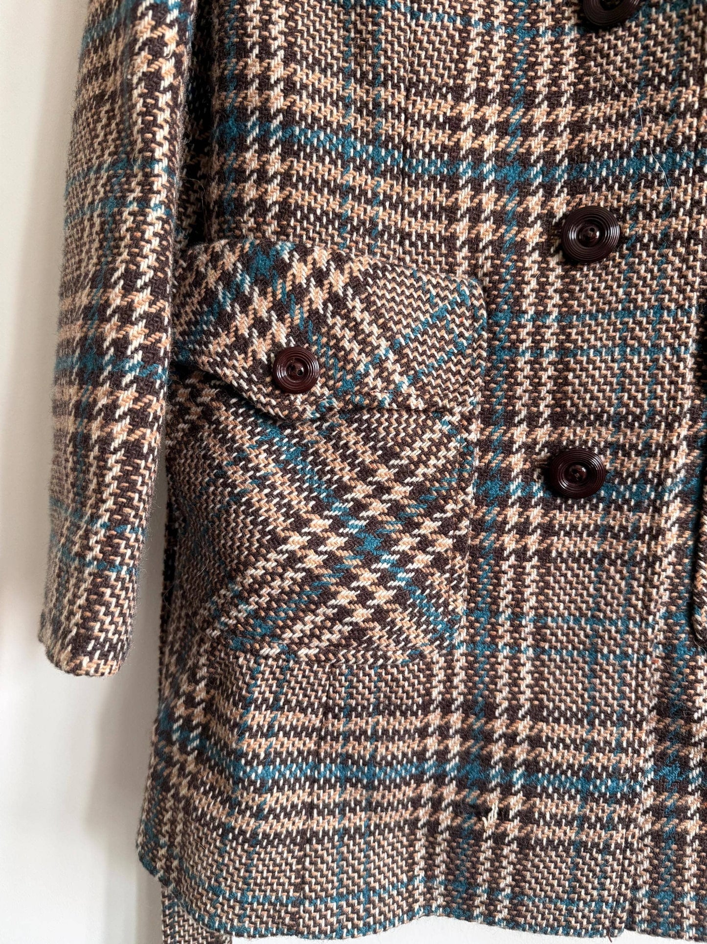 Vintage 1970s Harella Plaid Jacket UK 10-12 | Brown & Teal Belted Wool Blend Jacket | Mod Check Coat Made in England