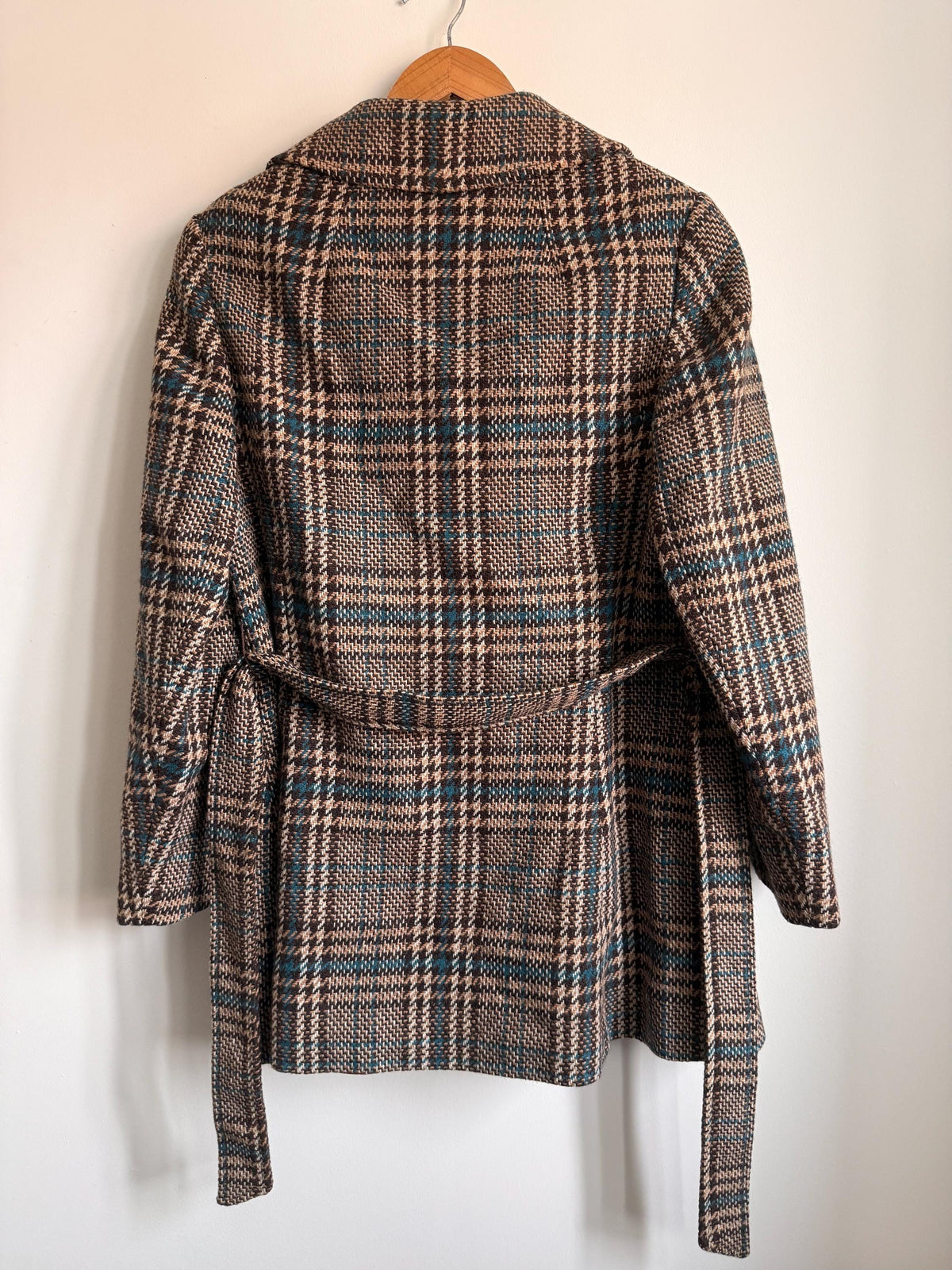 Vintage 1970s Harella Plaid Jacket UK 10-12 | Brown & Teal Belted Wool Blend Jacket | Mod Check Coat Made in England