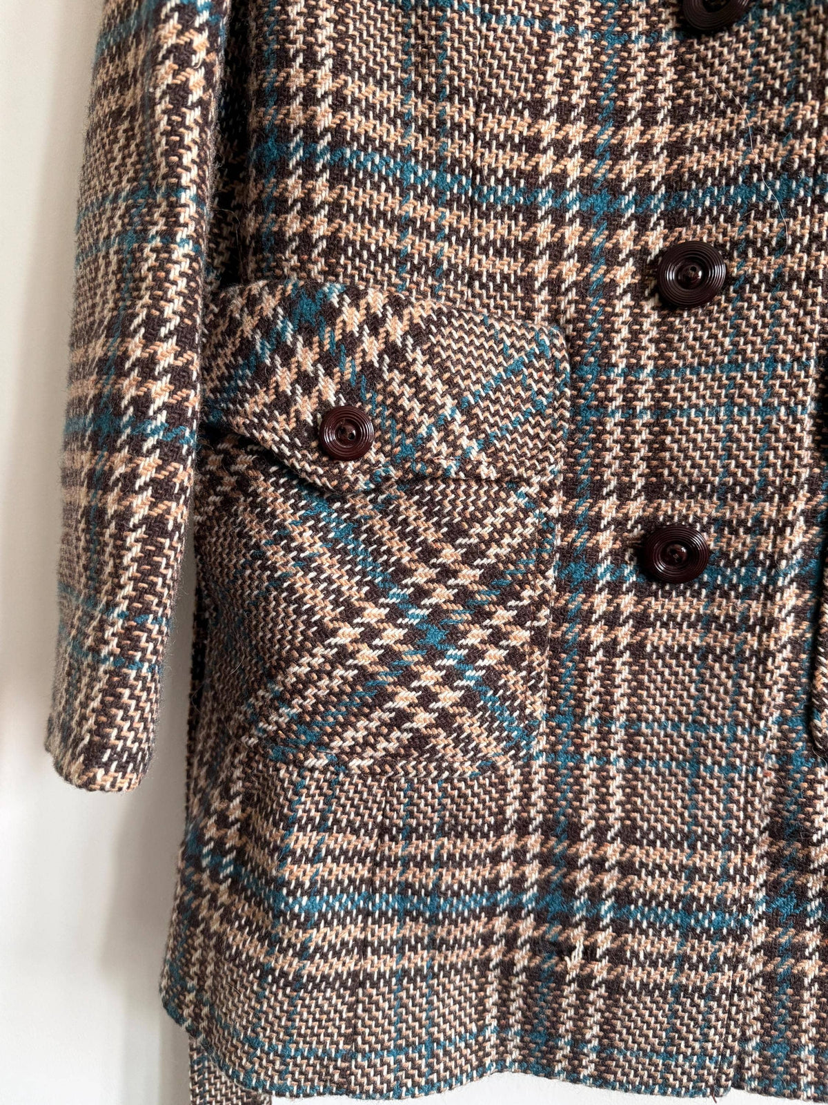 Vintage 1970s Harella Plaid Jacket UK 10-12 | Brown & Teal Belted Wool Blend Jacket | Mod Check Coat Made in England