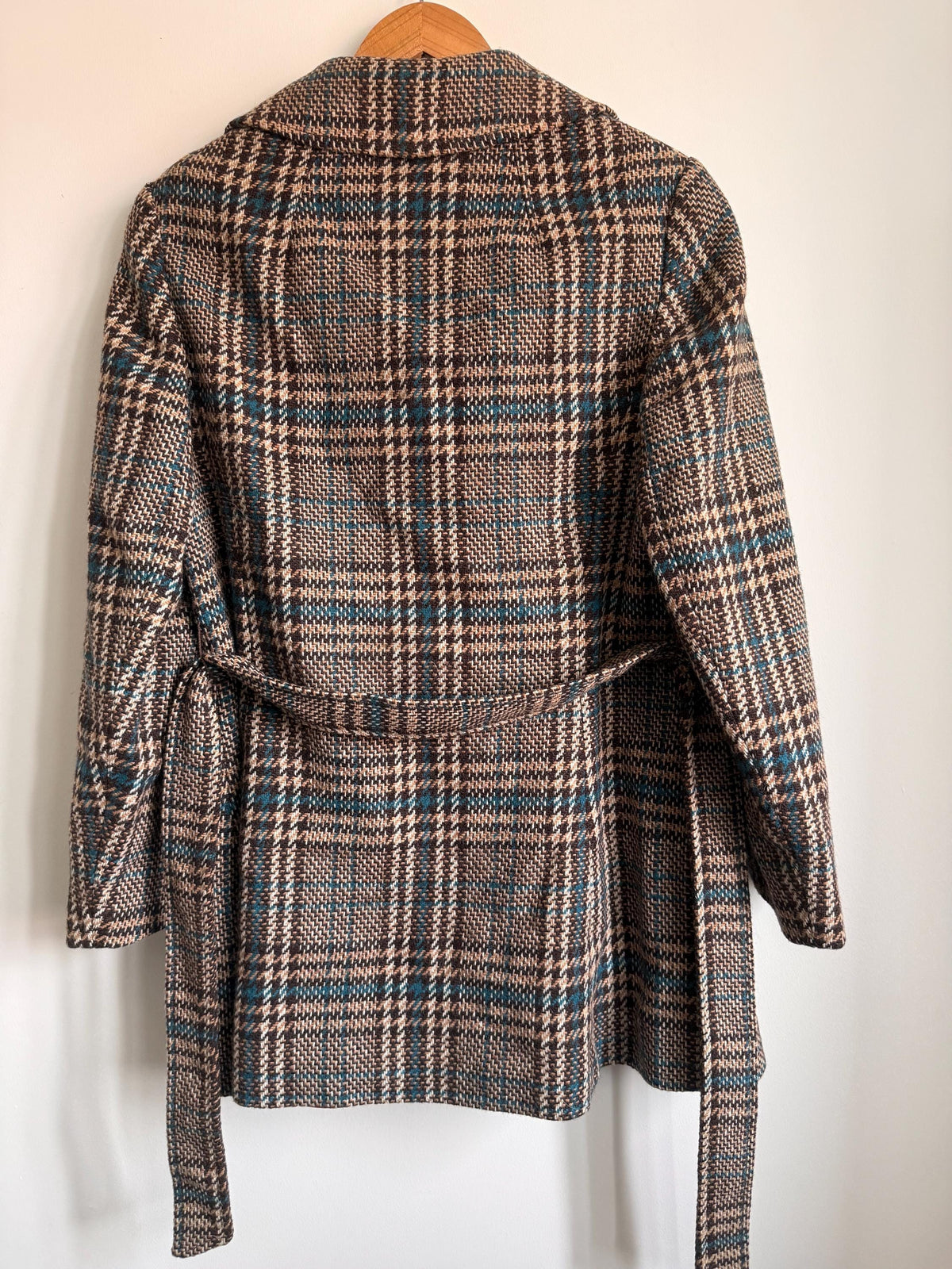 Vintage 1970s Harella Plaid Jacket UK 10-12 | Brown & Teal Belted Wool Blend Jacket | Mod Check Coat Made in England