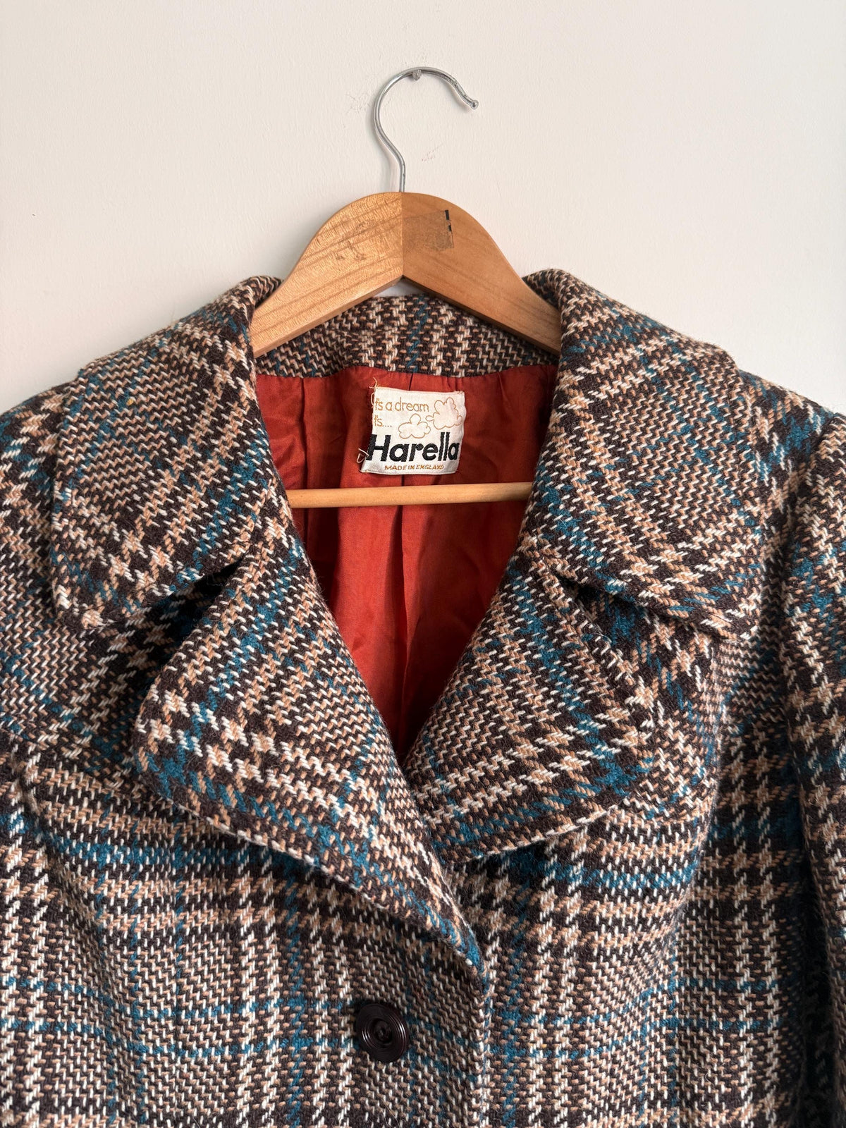 Vintage 1970s Harella Plaid Jacket UK 10-12 | Brown & Teal Belted Wool Blend Jacket | Mod Check Coat Made in England