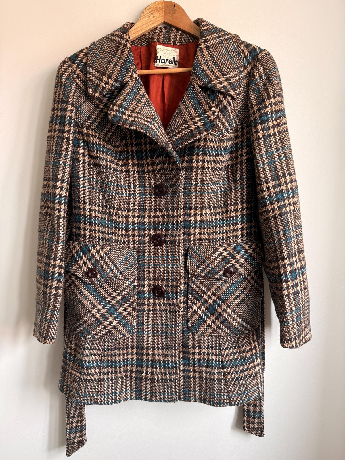 Vintage 1970s Harella Plaid Jacket UK 10-12 | Brown & Teal Belted Wool Blend Jacket | Mod Check Coat Made in England