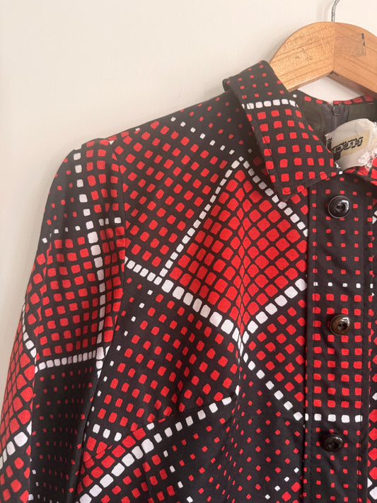 Vintage 1970s Hucke Mod Dress | Red Black Geometric Print Dress | Long Sleeve Shirt Dress | Retro Mini Dress | German Vintage | UK 10