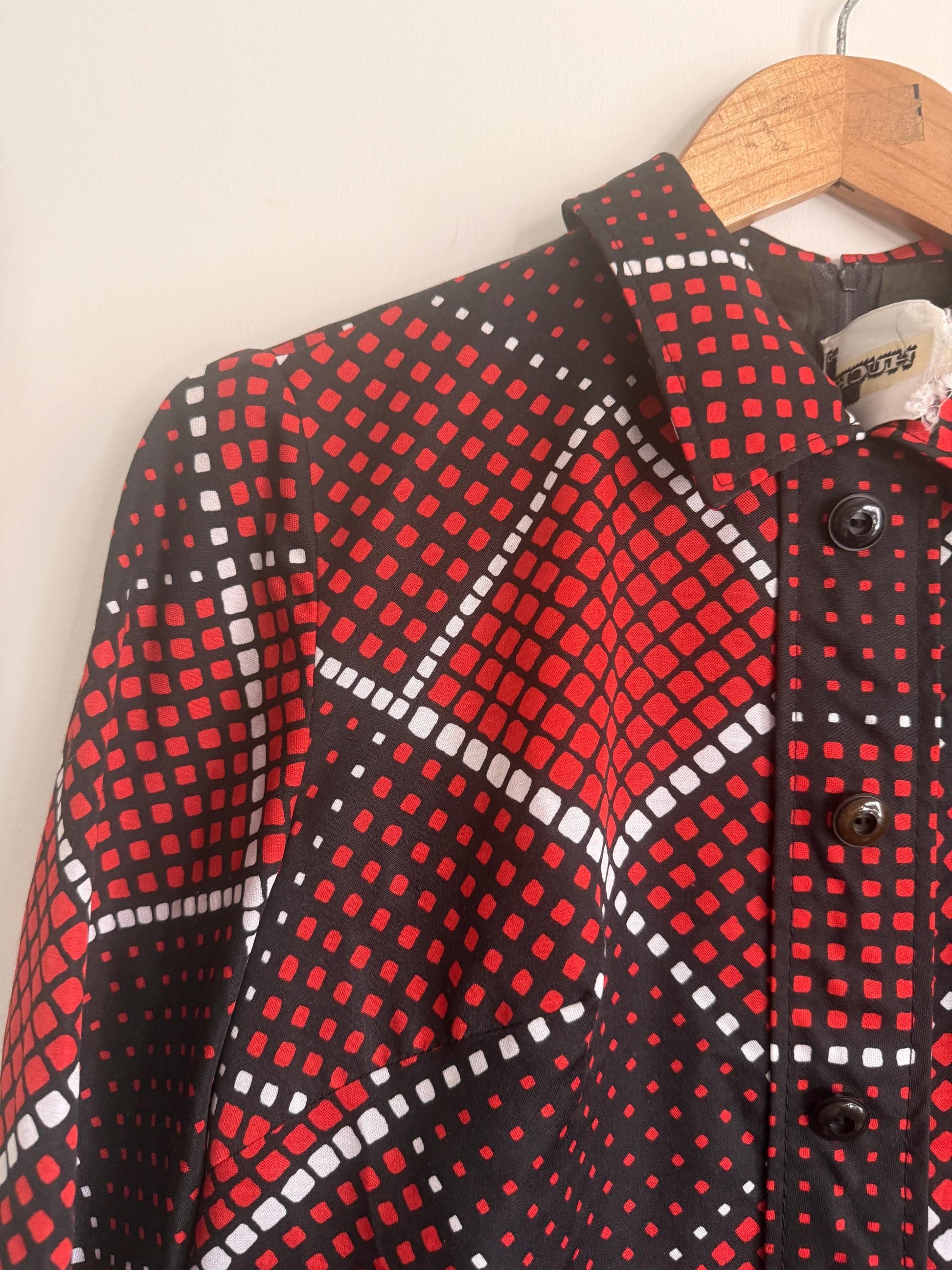 Vintage 1970s Hucke Mod Dress | Red Black Geometric Print Dress | Long Sleeve Shirt Dress | Retro Mini Dress | German Vintage | UK 10
