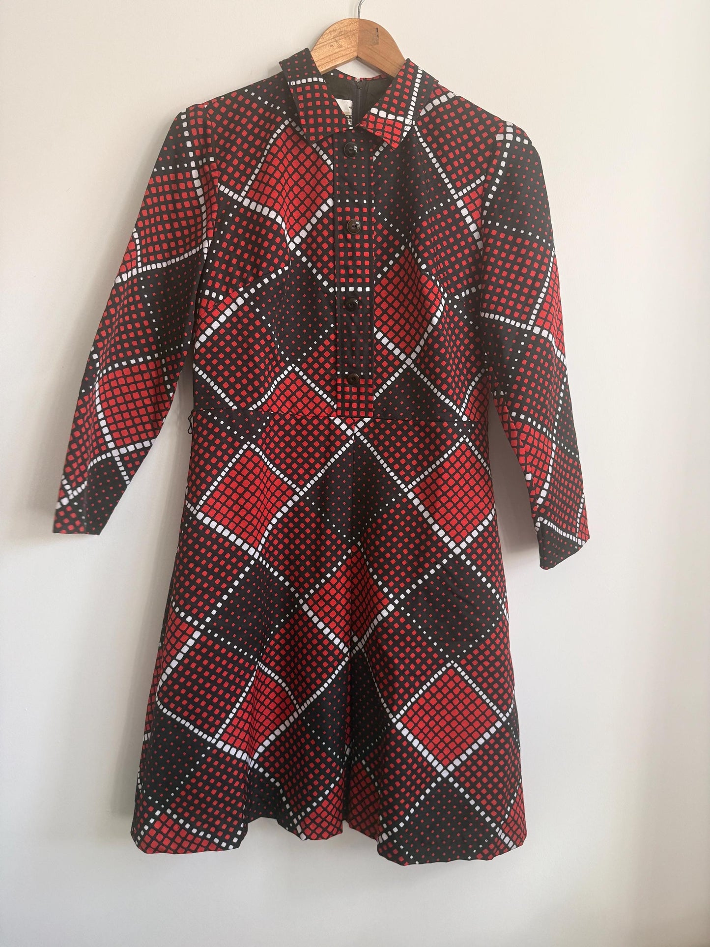 Vintage 1970s Hucke Mod Dress | Red Black Geometric Print Dress | Long Sleeve Shirt Dress | Retro Mini Dress | German Vintage | UK 10