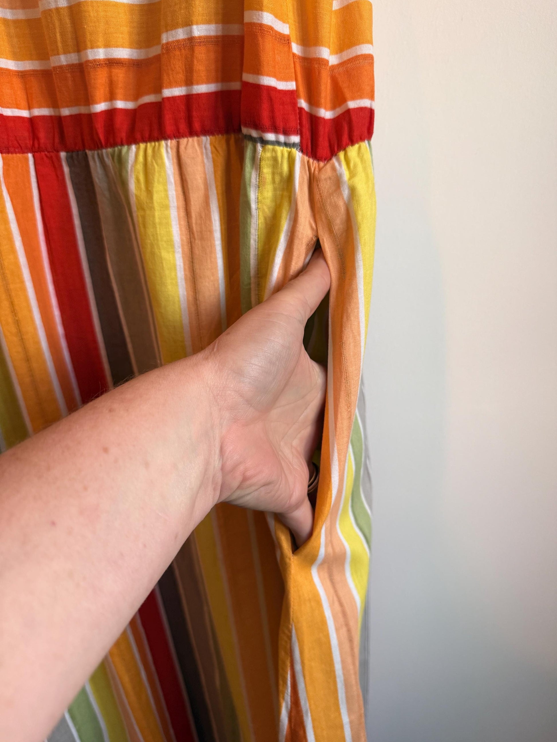 Vintage 1970s Indian Cotton Rainbow Stripe Mini Dress Size 40 Pockets