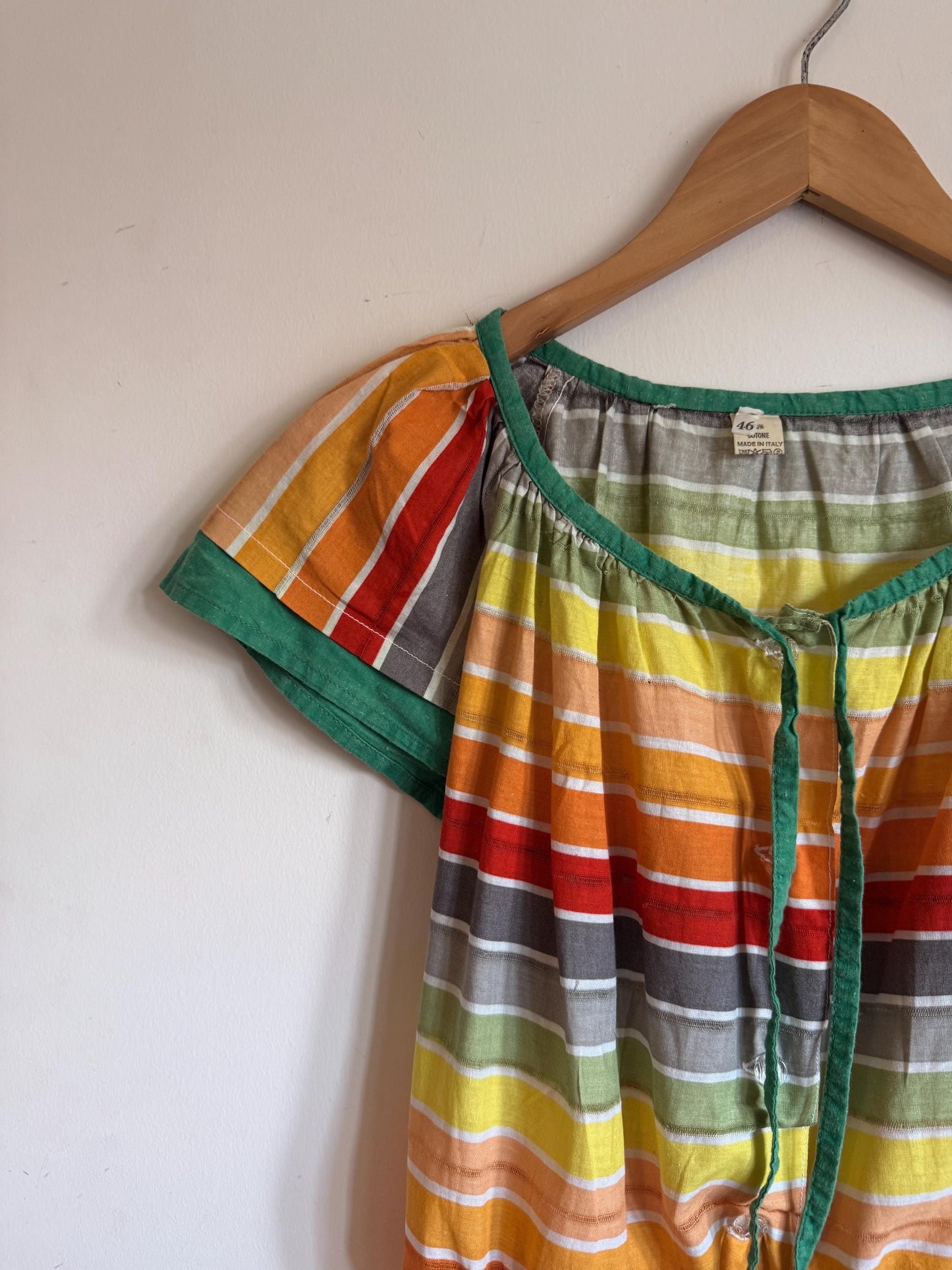 Vintage 1970s Indian Cotton Rainbow Stripe Mini Dress Size 40 Pockets