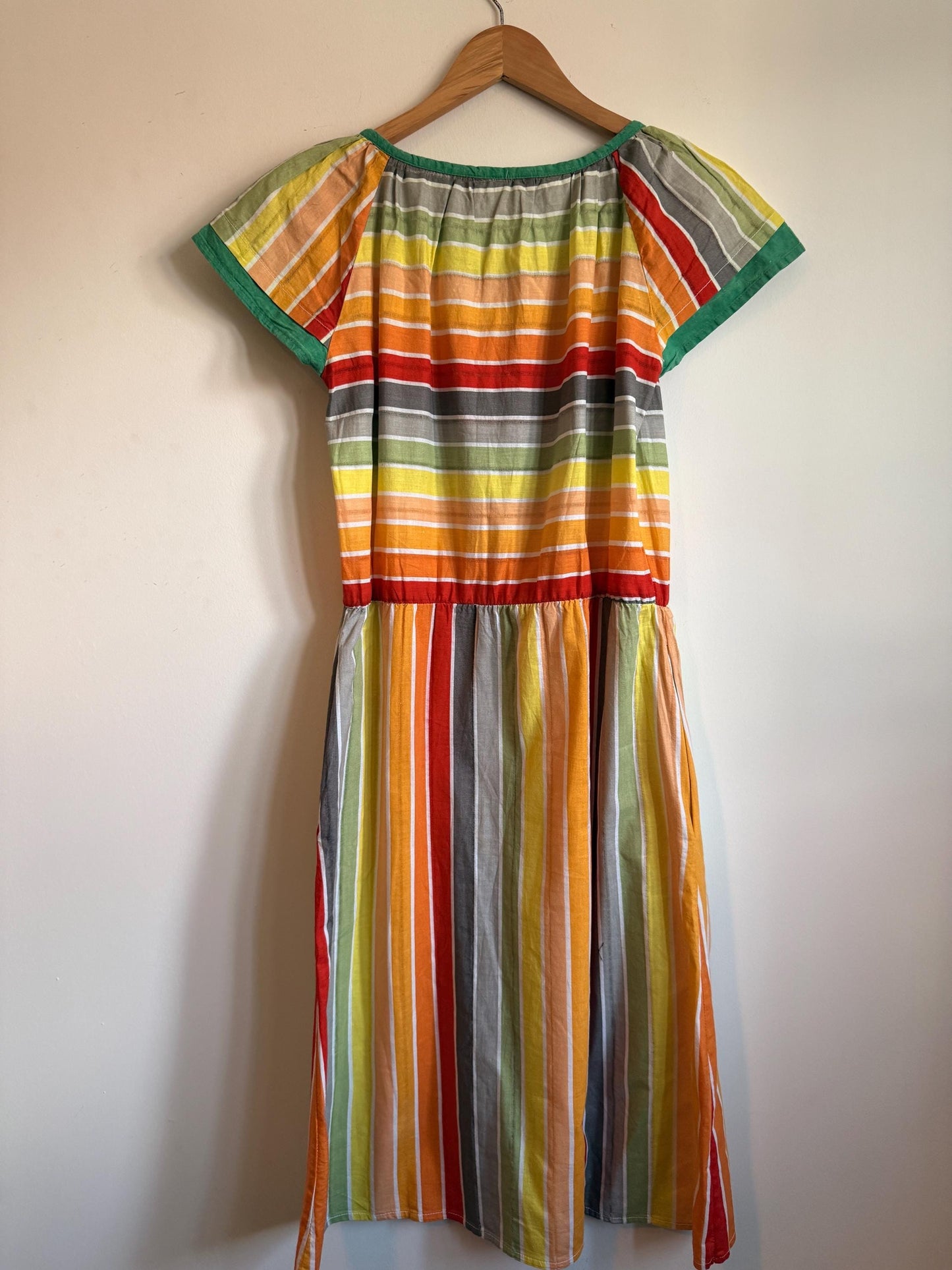 Vintage 1970s Indian Cotton Rainbow Stripe Mini Dress Size 40 Pockets