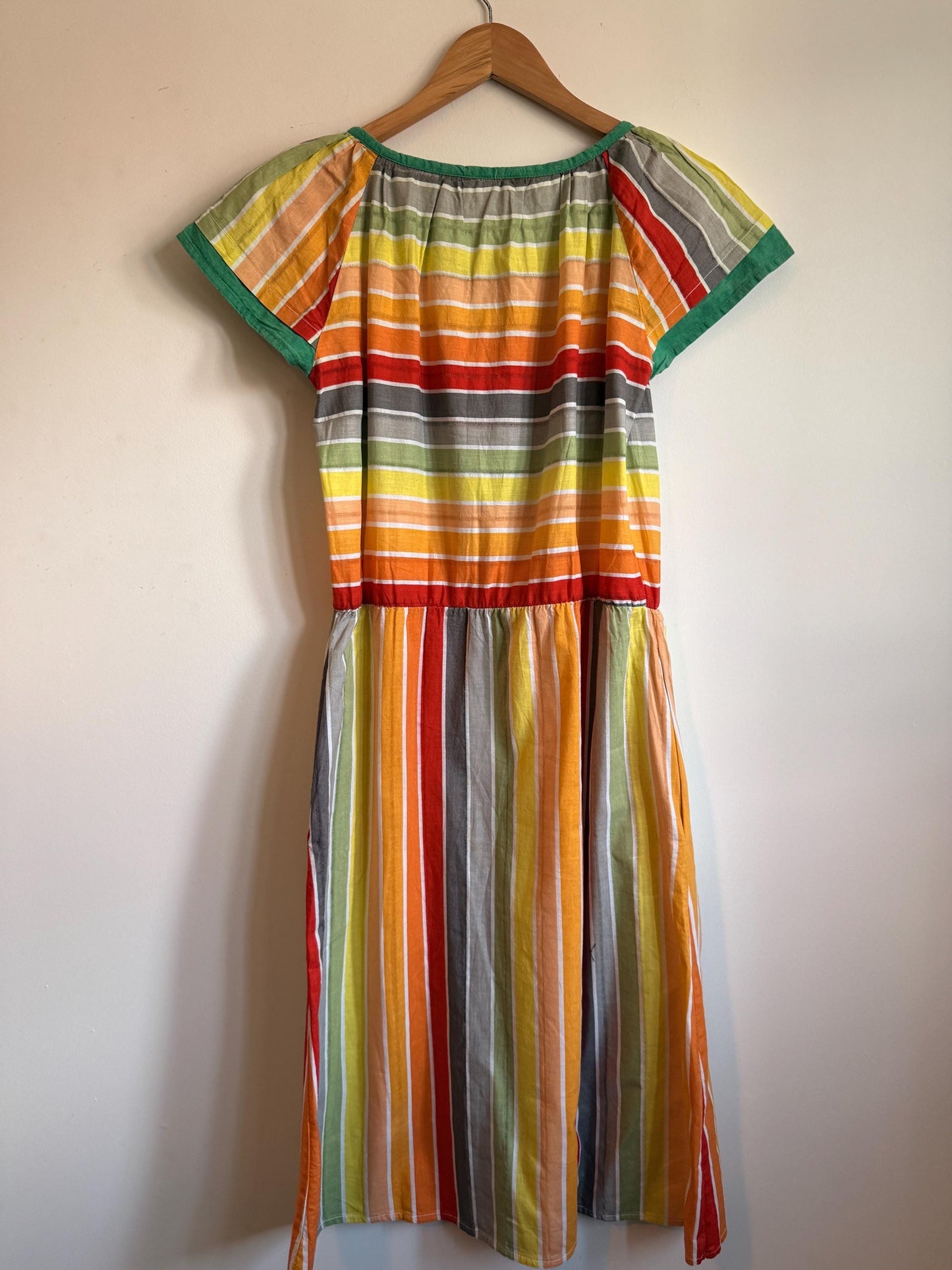 Vintage 1970s Indian Cotton Rainbow Stripe Mini Dress Size 40 Pockets