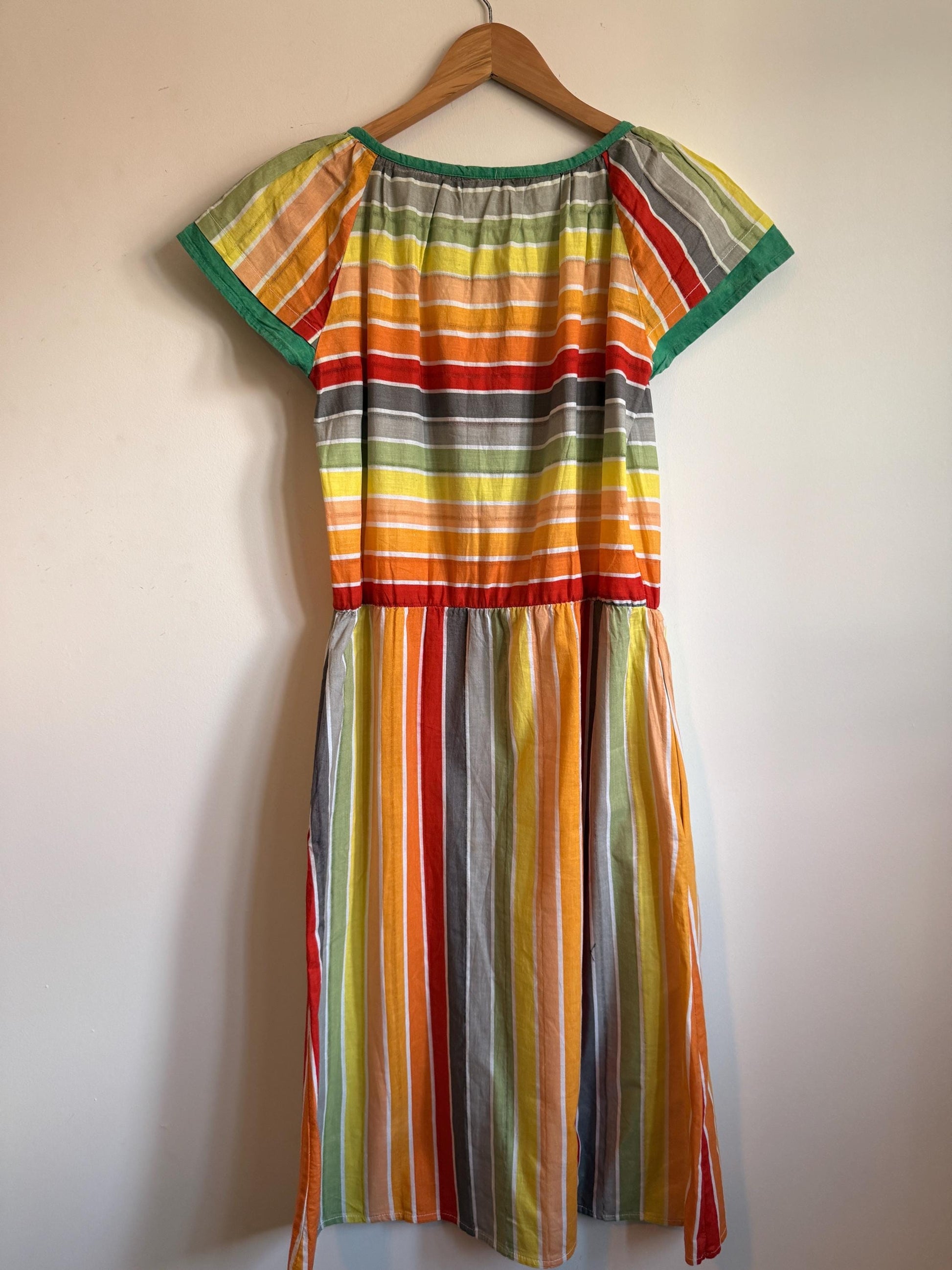 Vintage 1970s Indian Cotton Rainbow Stripe Mini Dress Size 40 Pockets