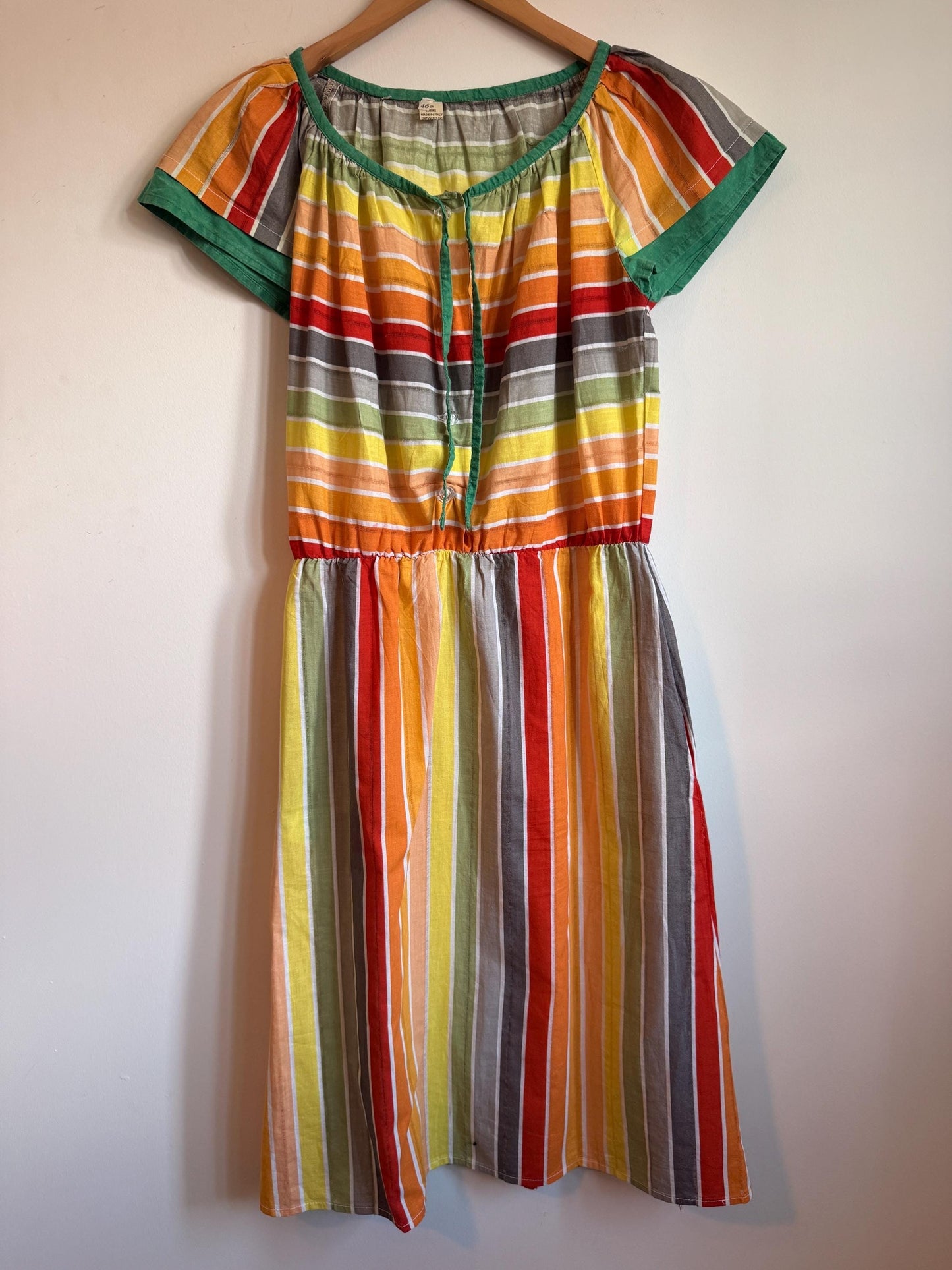 Vintage 1970s Indian Cotton Rainbow Stripe Mini Dress Size 40 Pockets