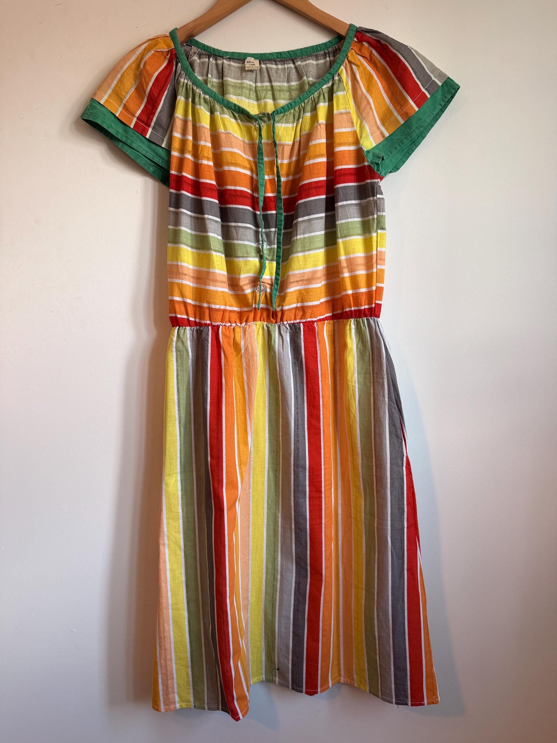 Vintage 1970s Indian Cotton Rainbow Stripe Mini Dress Size 40 Pockets