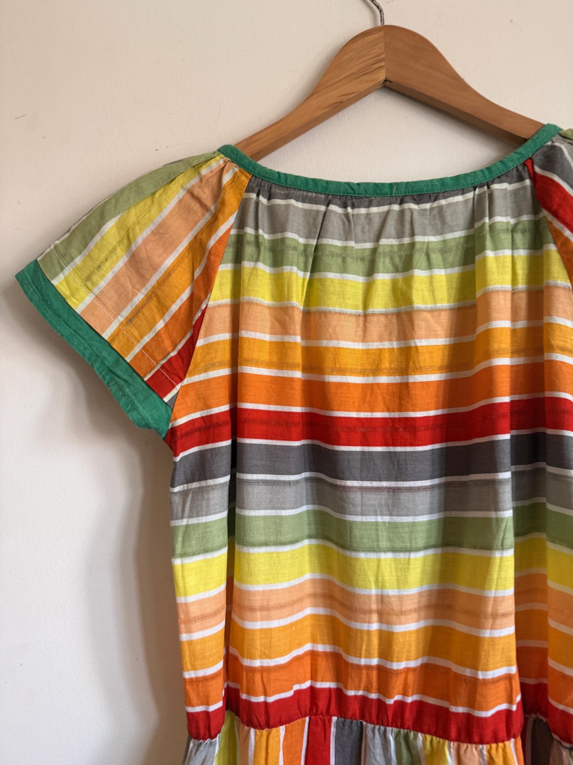 Vintage 1970s Indian Cotton Rainbow Stripe Mini Dress Size 40 Pockets