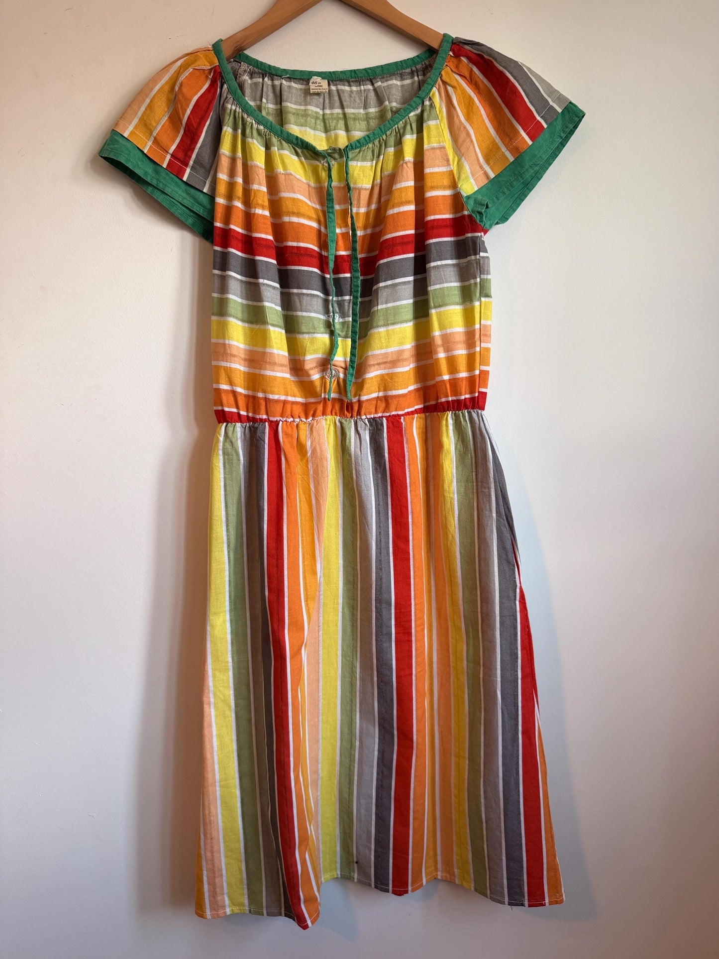Vintage 1970s Indian Cotton Rainbow Stripe Mini Dress Size 40 Pockets