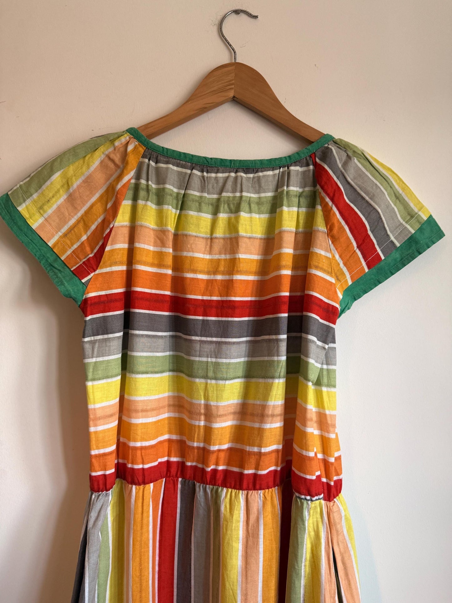 Vintage 1970s Indian Cotton Rainbow Stripe Mini Dress Size 40 Pockets