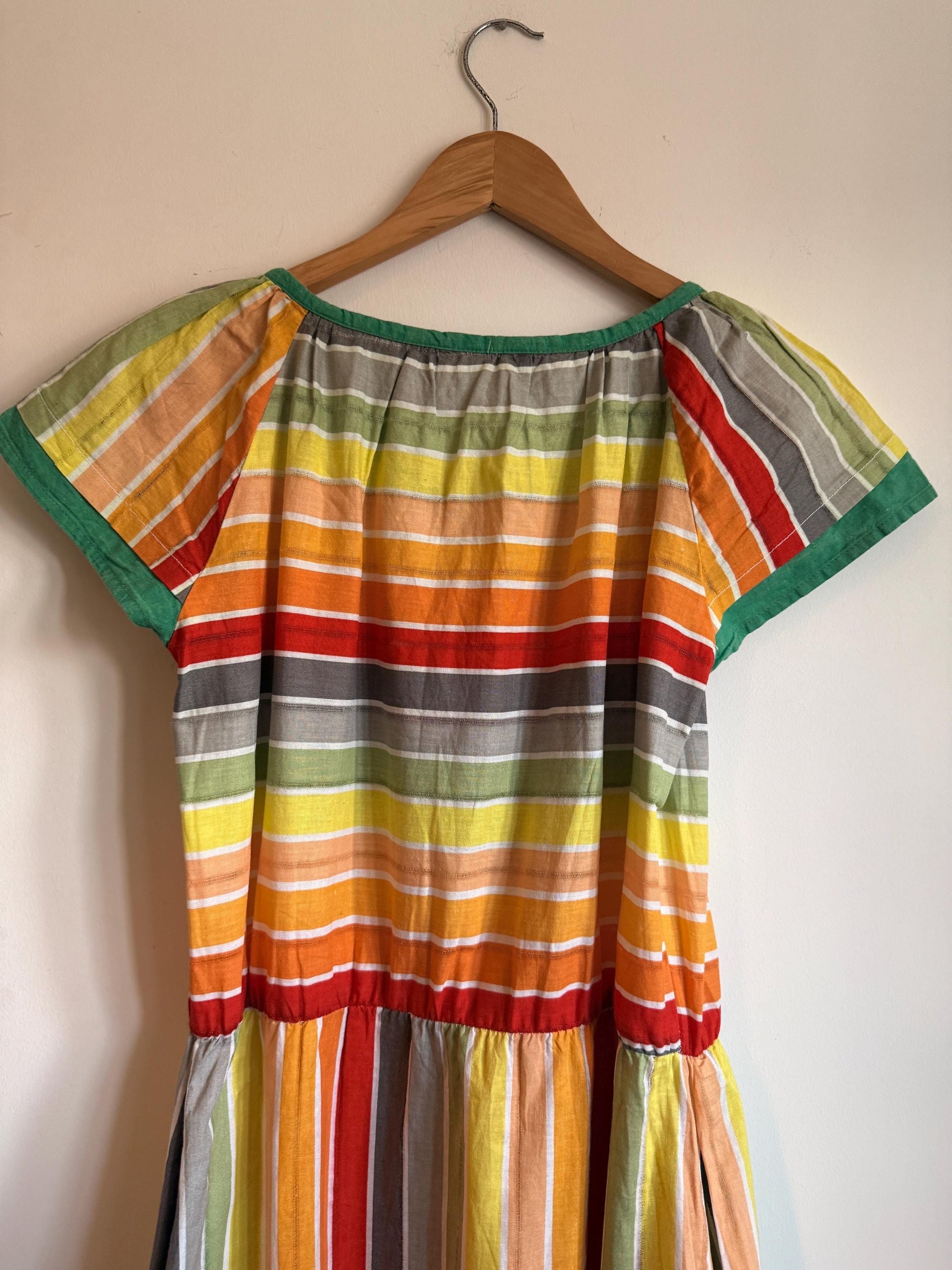 Vintage 1970s Indian Cotton Rainbow Stripe Mini Dress Size 40 Pockets