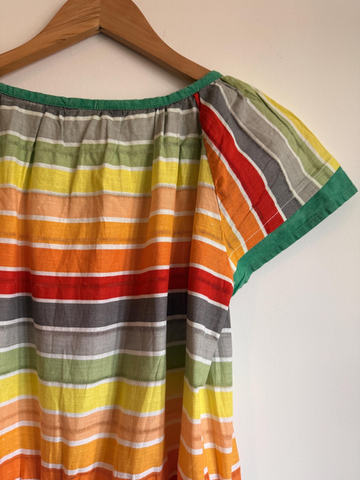 Vintage 1970s Indian Cotton Rainbow Stripe Mini Dress Size 40 Pockets