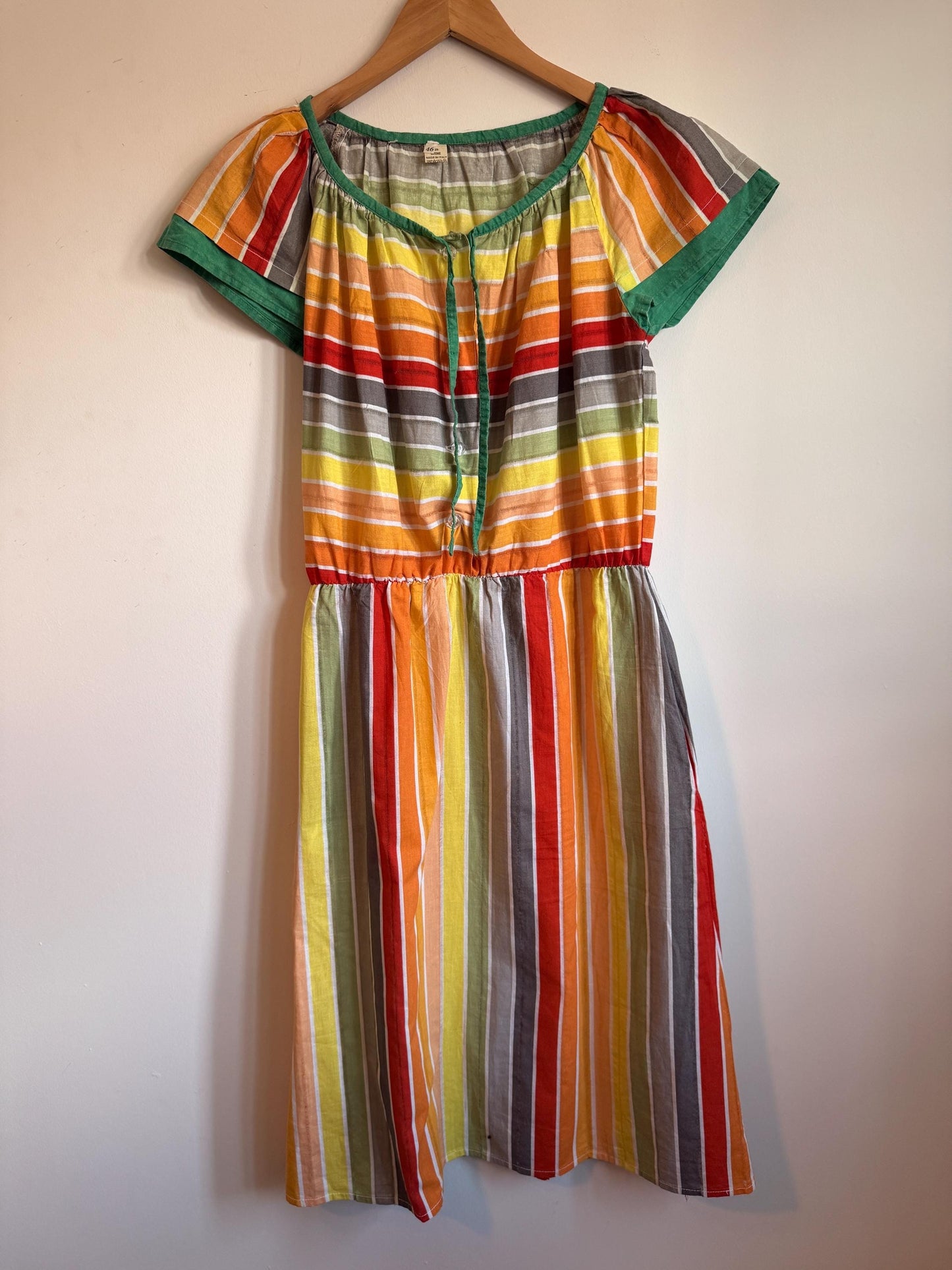 Vintage 1970s Indian Cotton Rainbow Stripe Mini Dress Size 40 Pockets