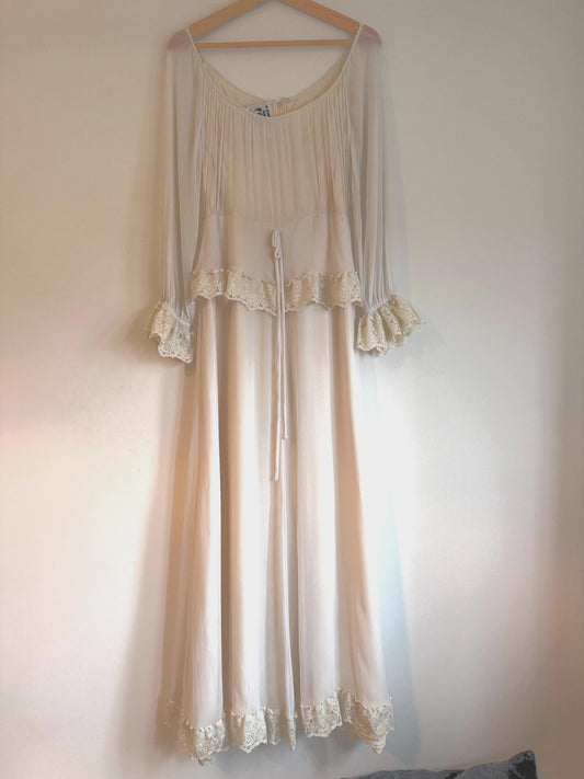Vintage 1970s Kati at Laura Phillips Ivory Lace Prairie Maxi Dress Boho Bridal