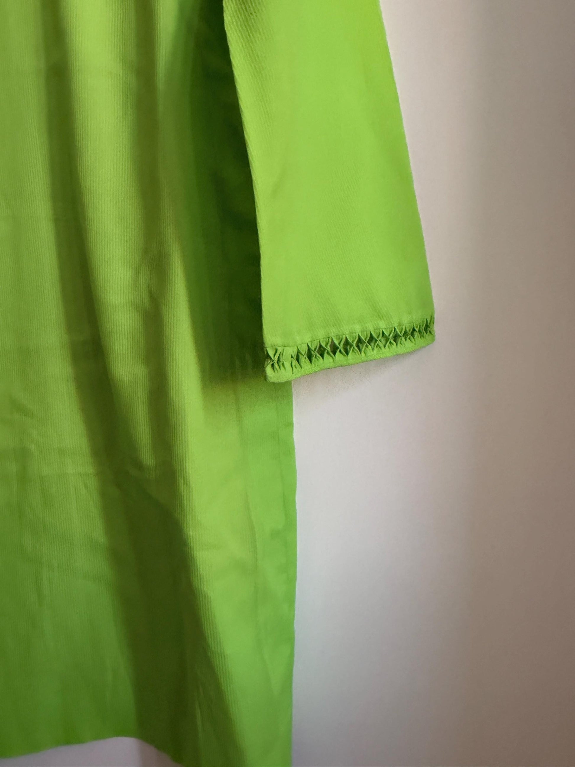 Vintage 1970s Lime Green Shift Dress | Collared Mini Dress | Bright Green Retro Day Dress | Openwork Trim Dress | UK 12-14