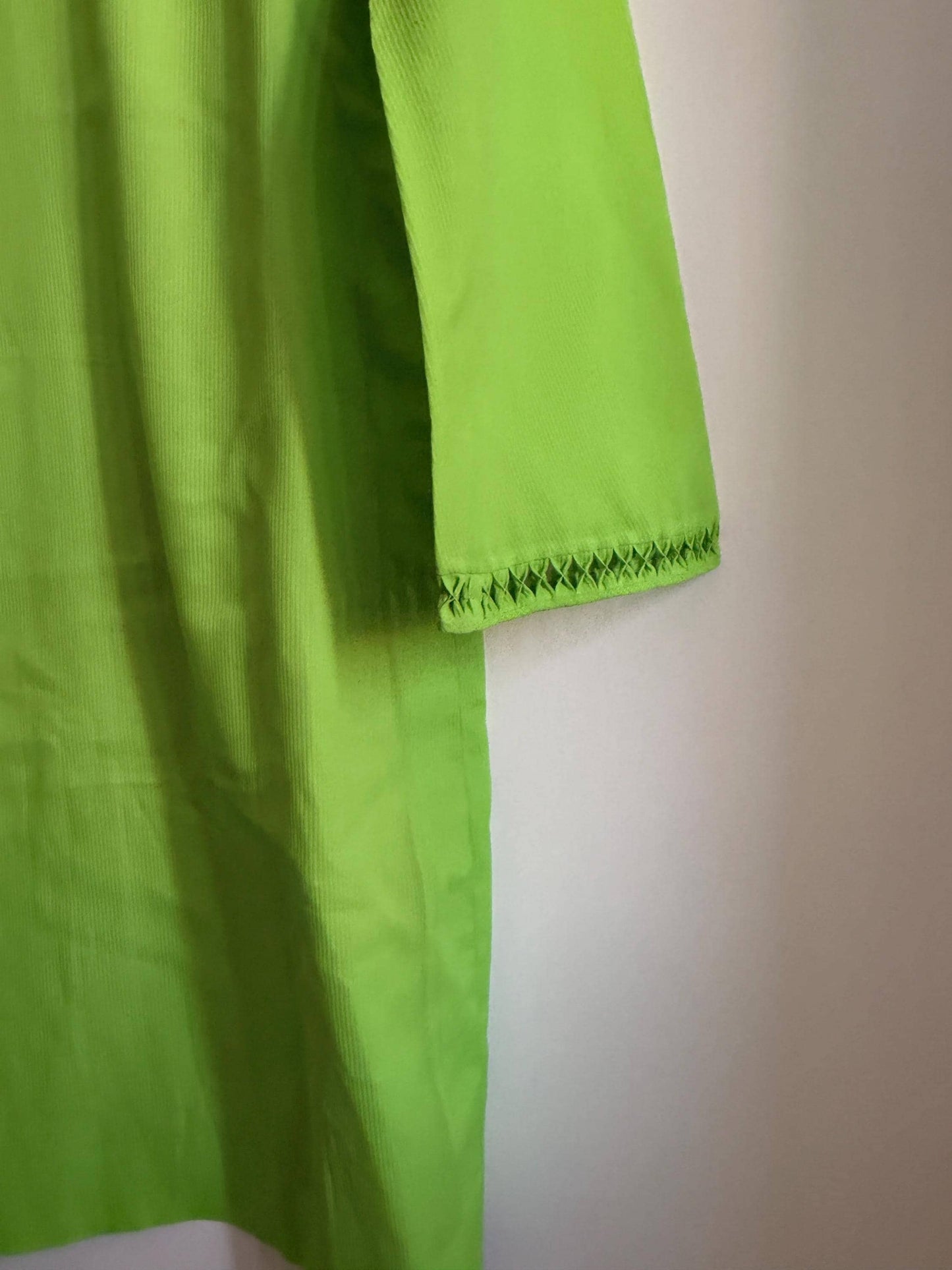 Vintage 1970s Lime Green Shift Dress | Collared Mini Dress | Bright Green Retro Day Dress | Openwork Trim Dress | UK 12-14