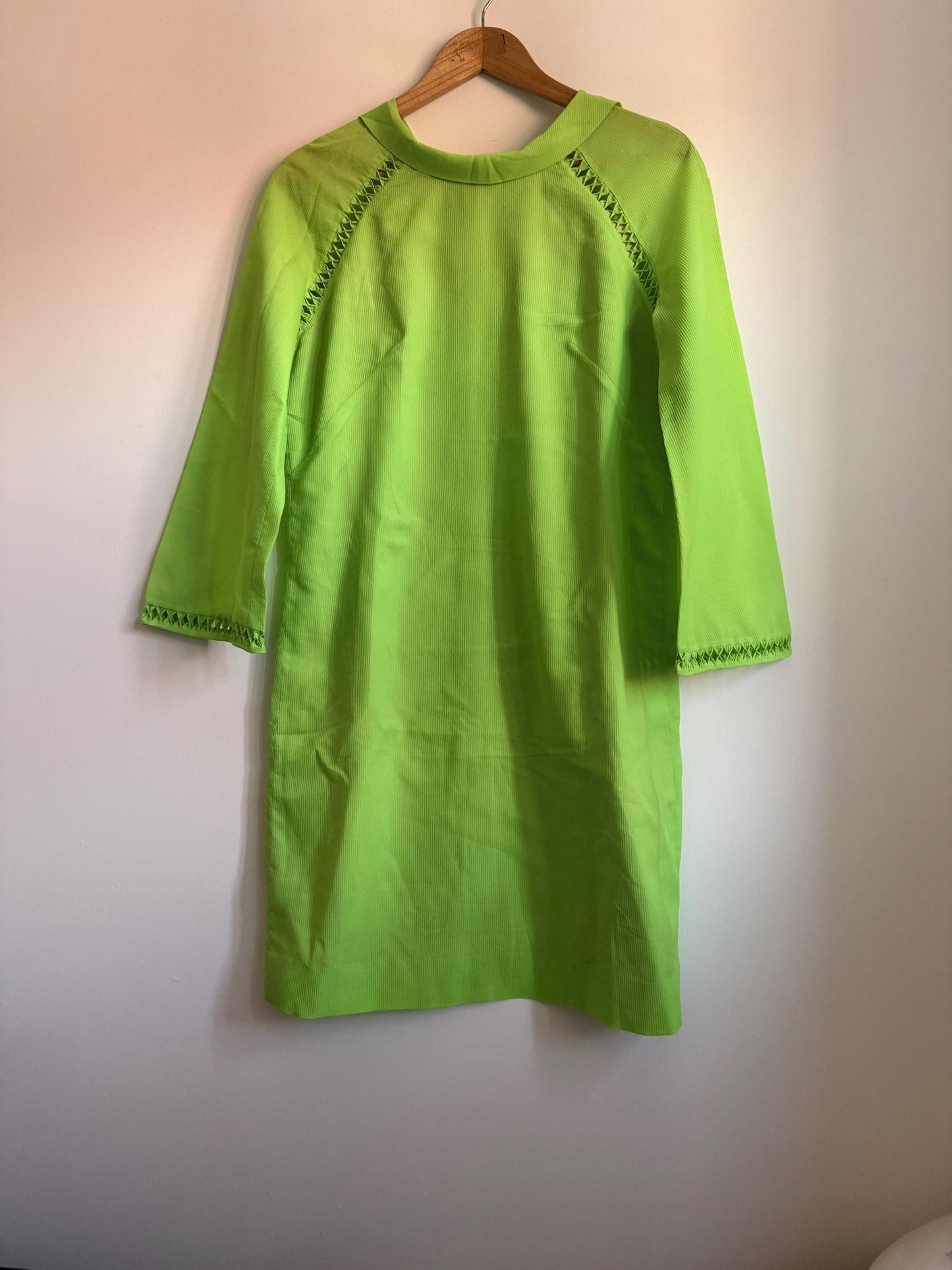 Vintage 1970s Lime Green Shift Dress | Collared Mini Dress | Bright Green Retro Day Dress | Openwork Trim Dress | UK 12-14