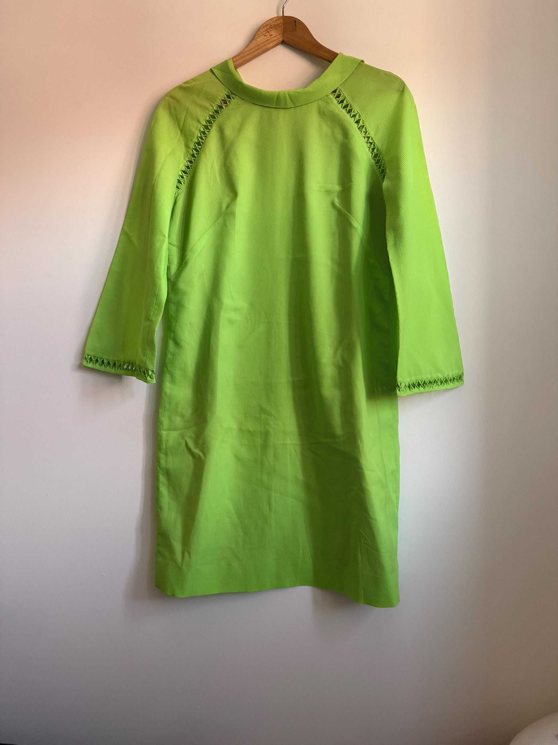 Vintage 1970s Lime Green Shift Dress | Collared Mini Dress | Bright Green Retro Day Dress | Openwork Trim Dress | UK 12-14