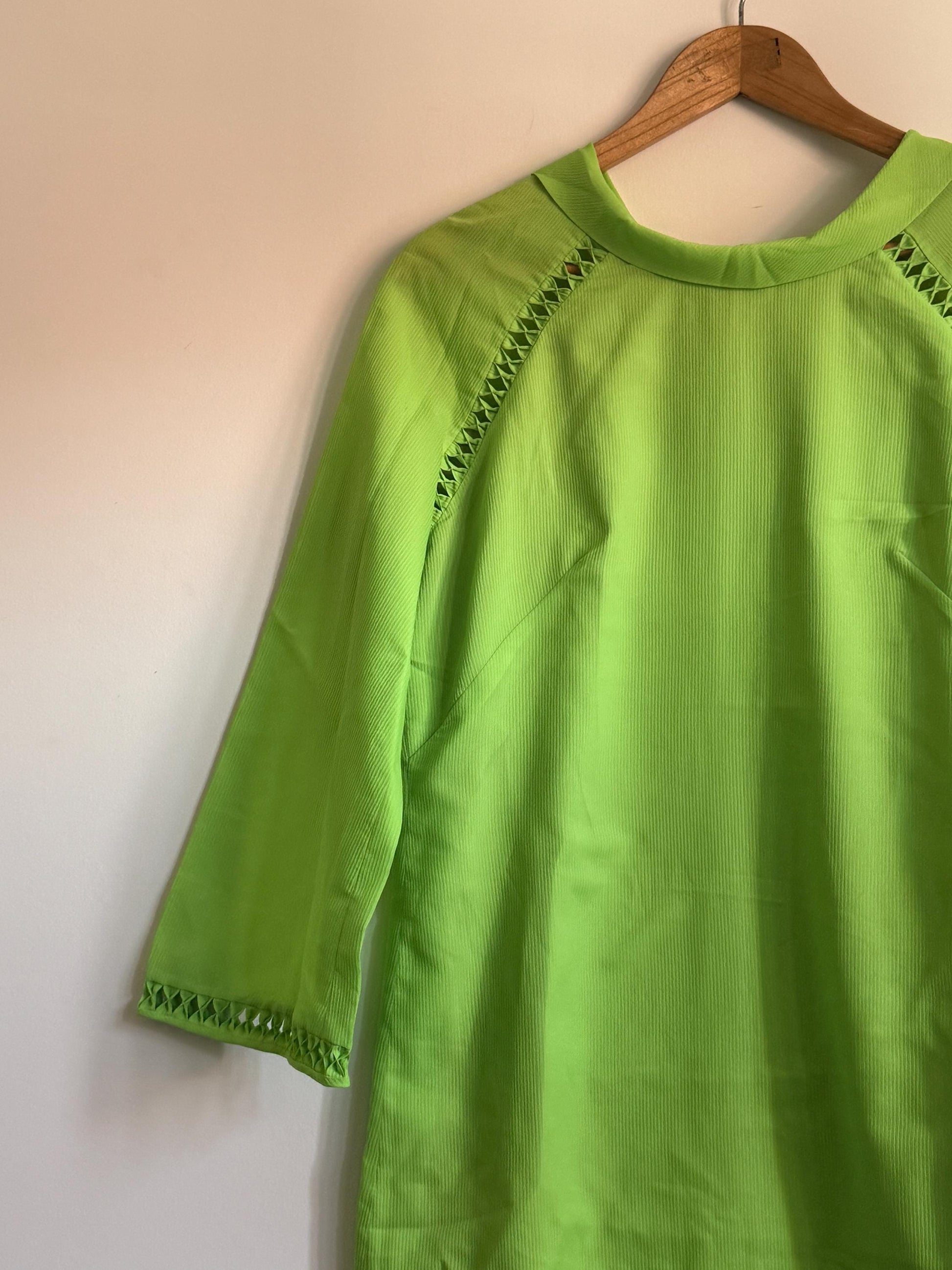 Vintage 1970s Lime Green Shift Dress | Collared Mini Dress | Bright Green Retro Day Dress | Openwork Trim Dress | UK 12-14