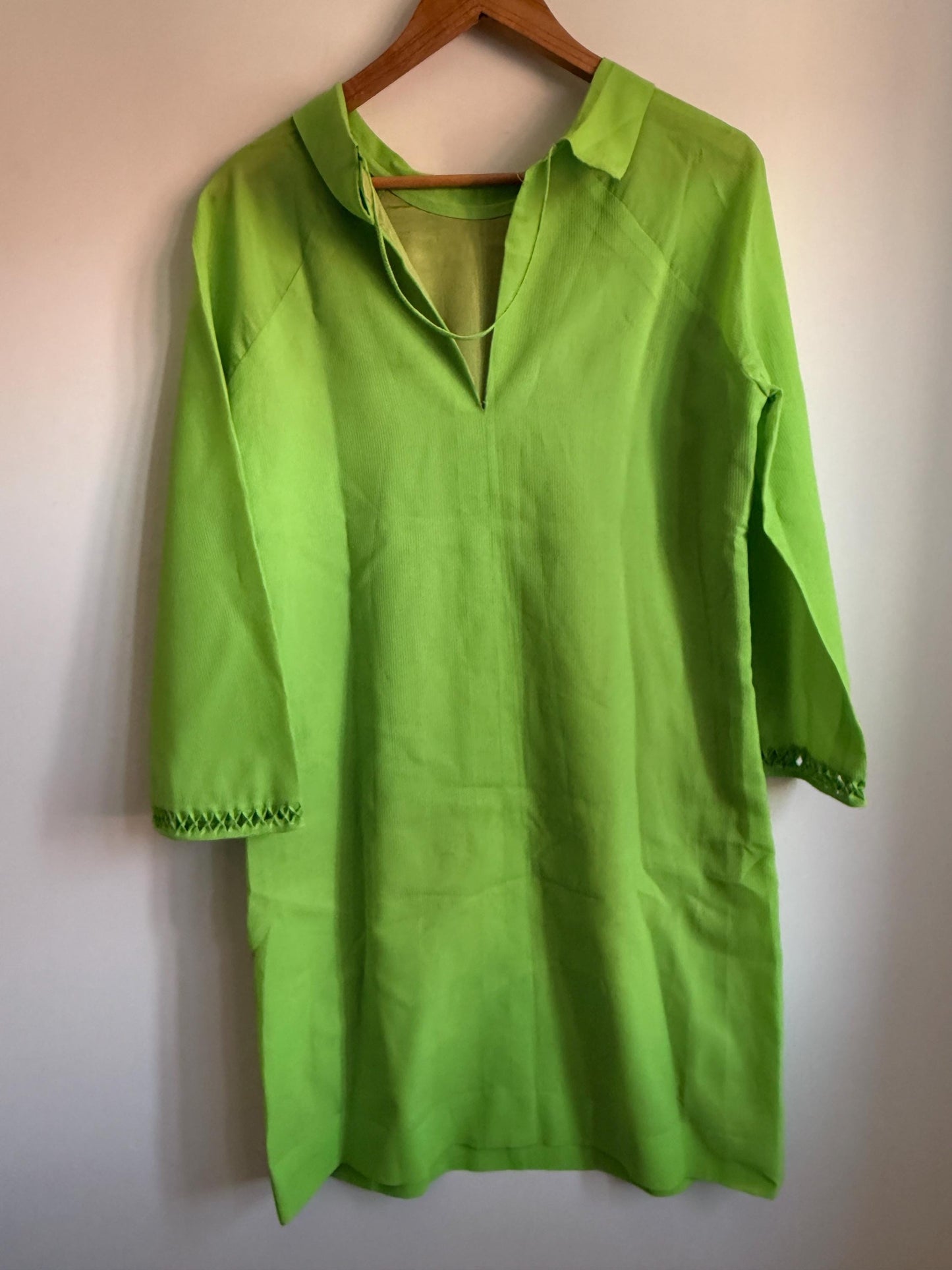 Vintage 1970s Lime Green Shift Dress | Collared Mini Dress | Bright Green Retro Day Dress | Openwork Trim Dress | UK 12-14