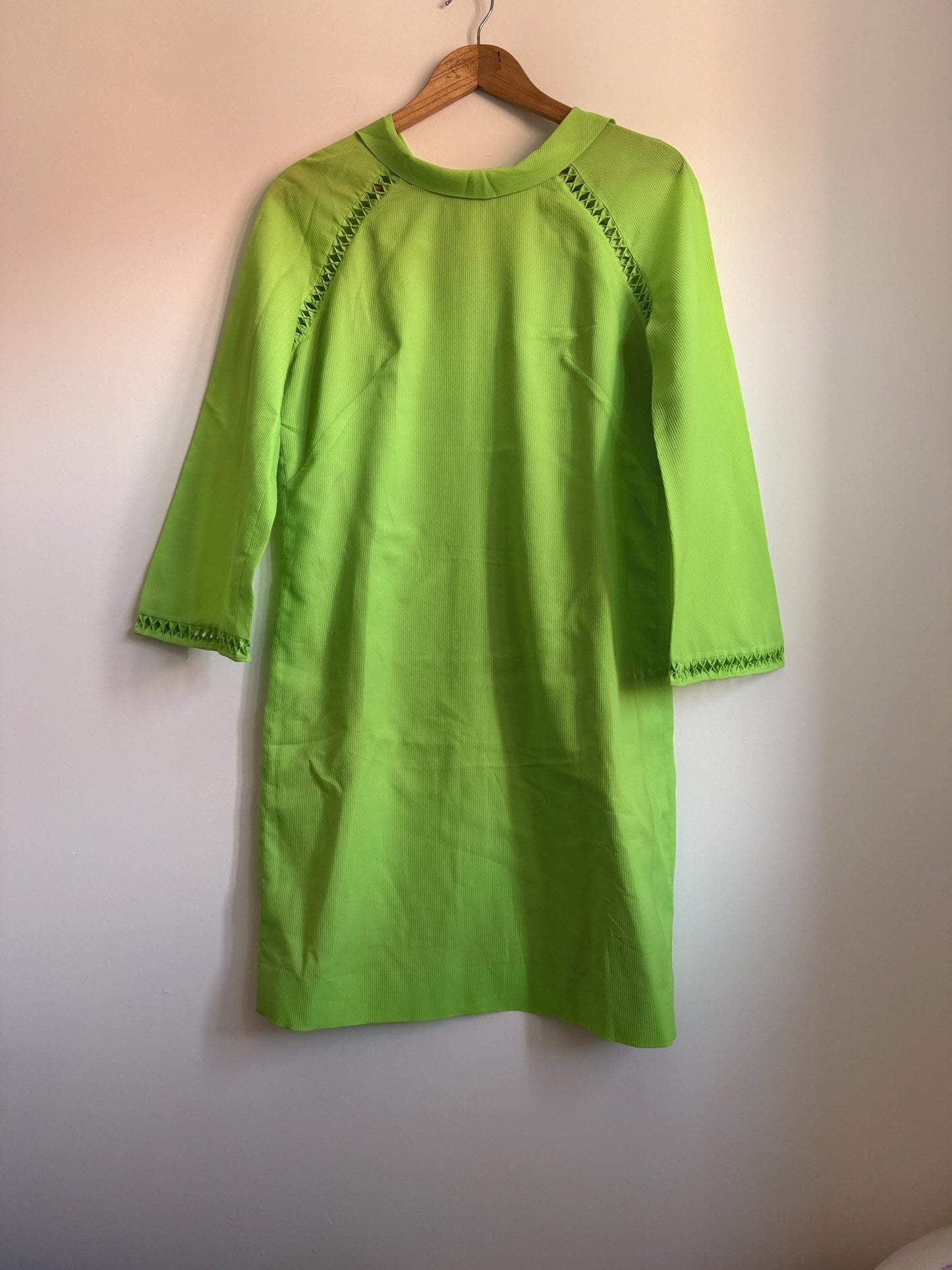 Vintage 1970s Lime Green Shift Dress | Collared Mini Dress | Bright Green Retro Day Dress | Openwork Trim Dress | UK 12-14
