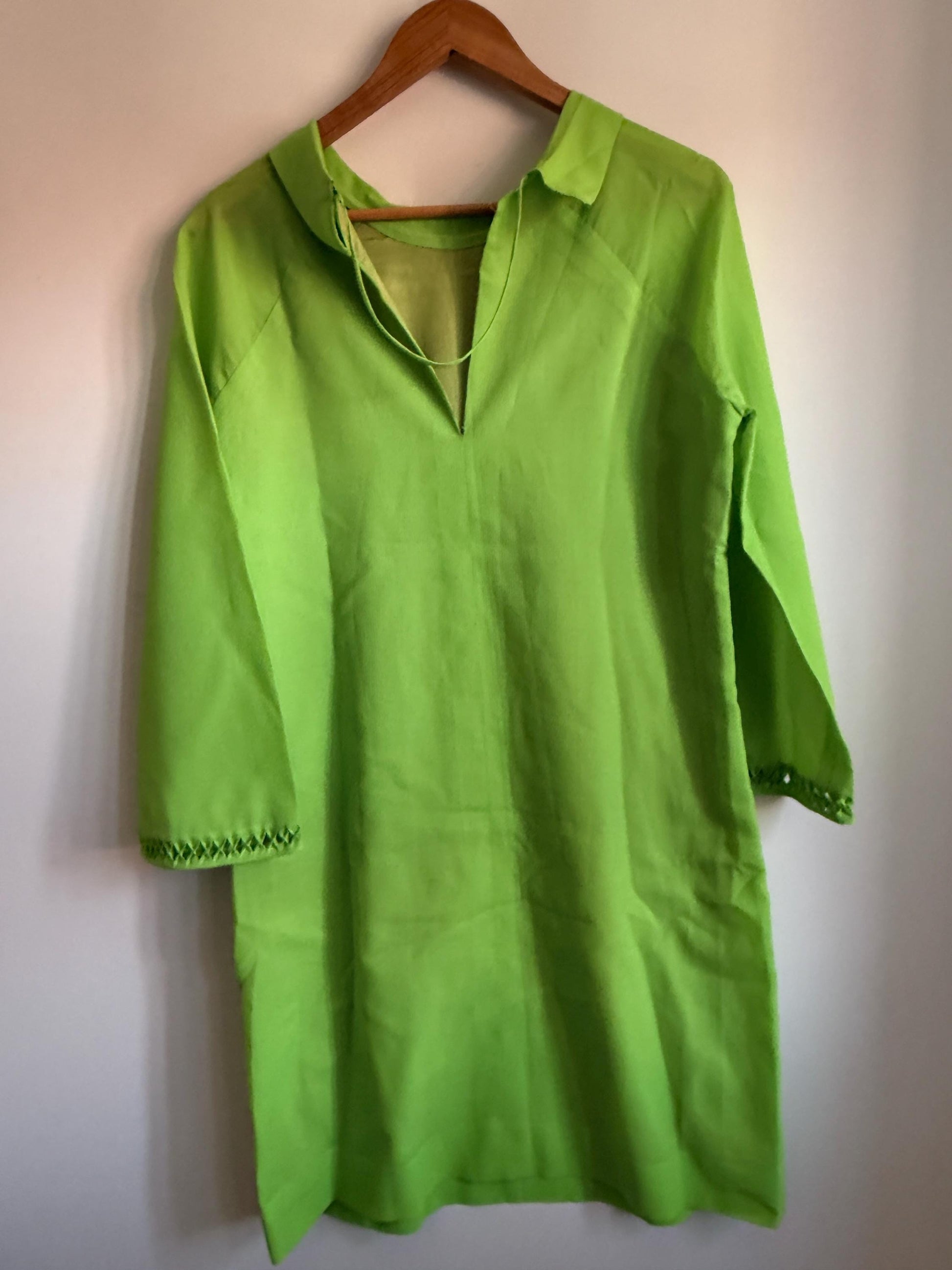 Vintage 1970s Lime Green Shift Dress | Collared Mini Dress | Bright Green Retro Day Dress | Openwork Trim Dress | UK 12-14