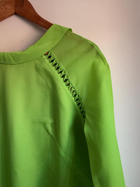 Vintage 1970s Lime Green Shift Dress | Collared Mini Dress | Bright Green Retro Day Dress | Openwork Trim Dress | UK 12-14