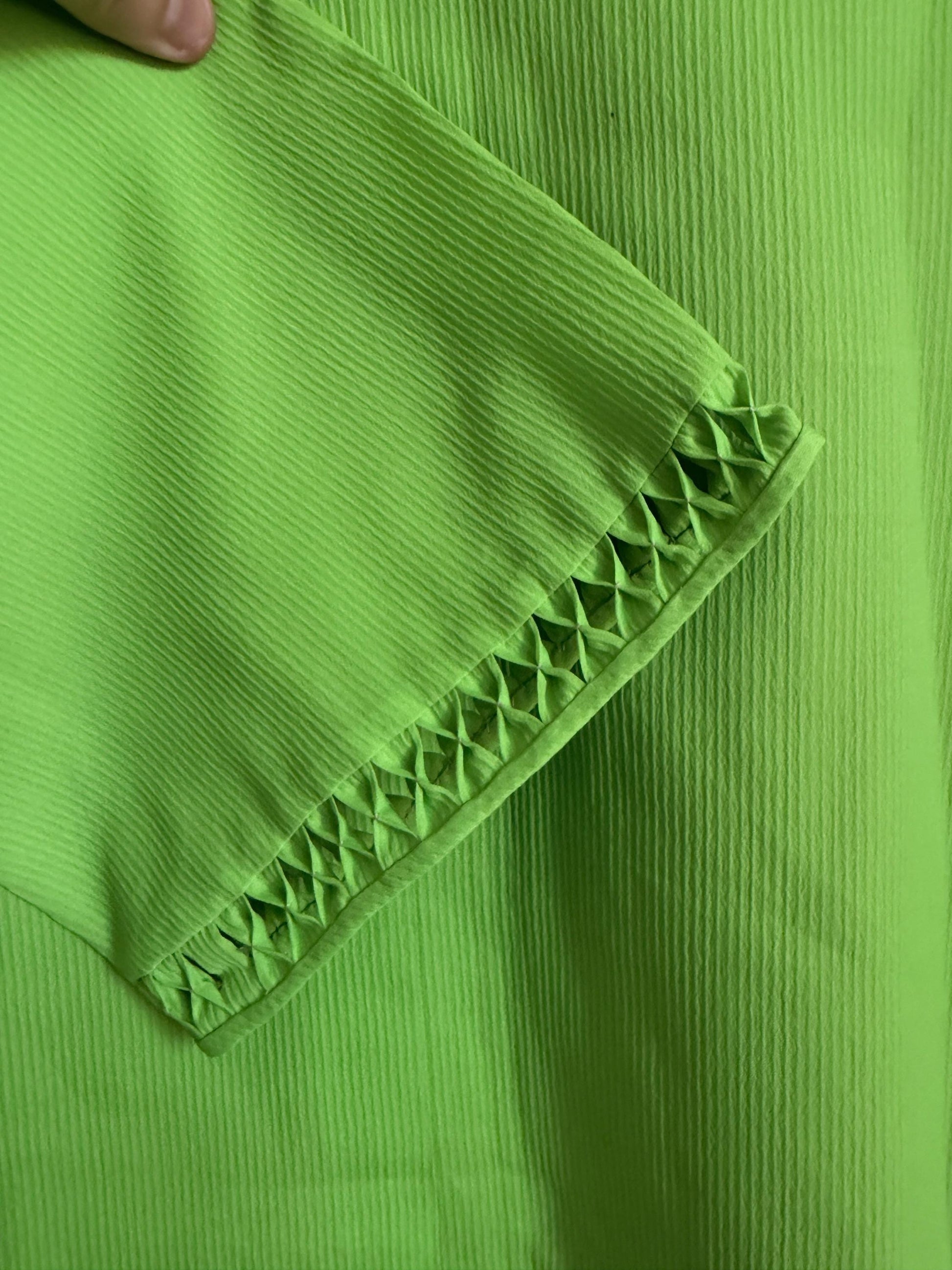 Vintage 1970s Lime Green Shift Dress | Collared Mini Dress | Bright Green Retro Day Dress | Openwork Trim Dress | UK 12-14